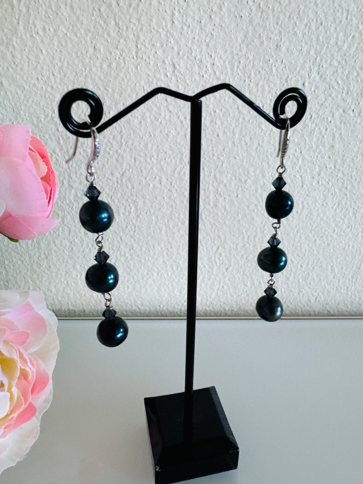 Black Freshwater Off Round Pearl Drop Trilogy Earrings With 925 Silver Hooks, Swarovski Crystals, Dangle Earrings, Anniversary Gift,