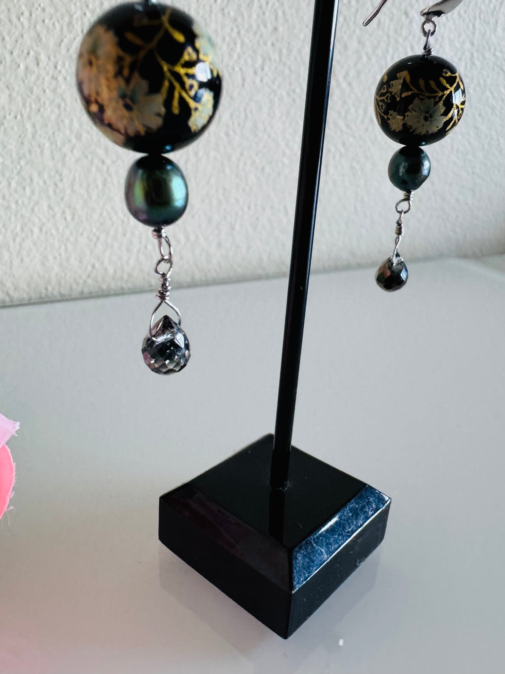 Japanese Tensha Bead Earrings, Sterling Silver Freshwater Black Pearl Dangle Earrings, Crystal Glass, Handmade Floral Drop Jewellery
