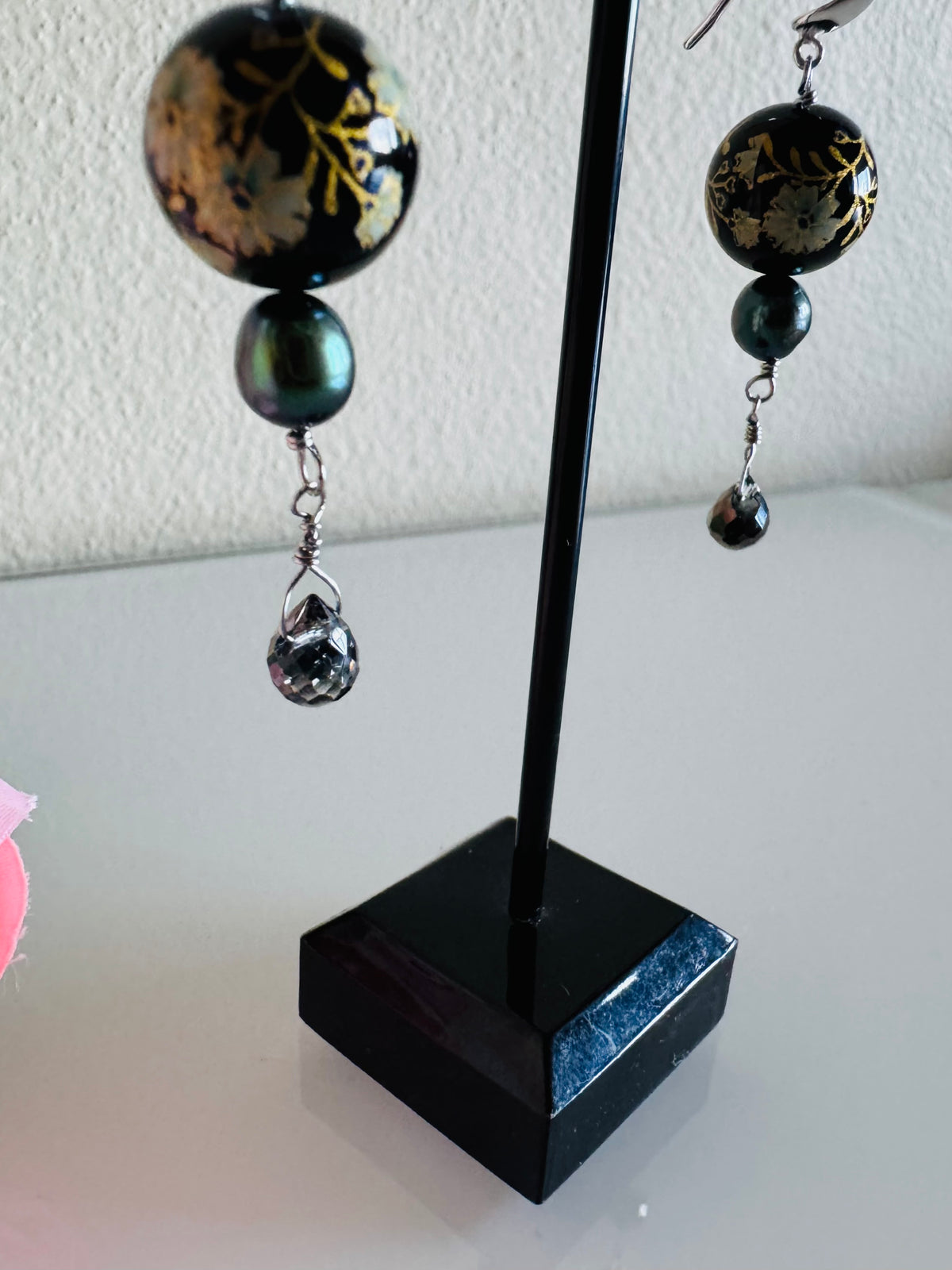 Japanese Tensha Bead Earrings, Sterling Silver Freshwater Black Pearl Dangle Earrings, Crystal Glass, Handmade Floral Drop Jewellery