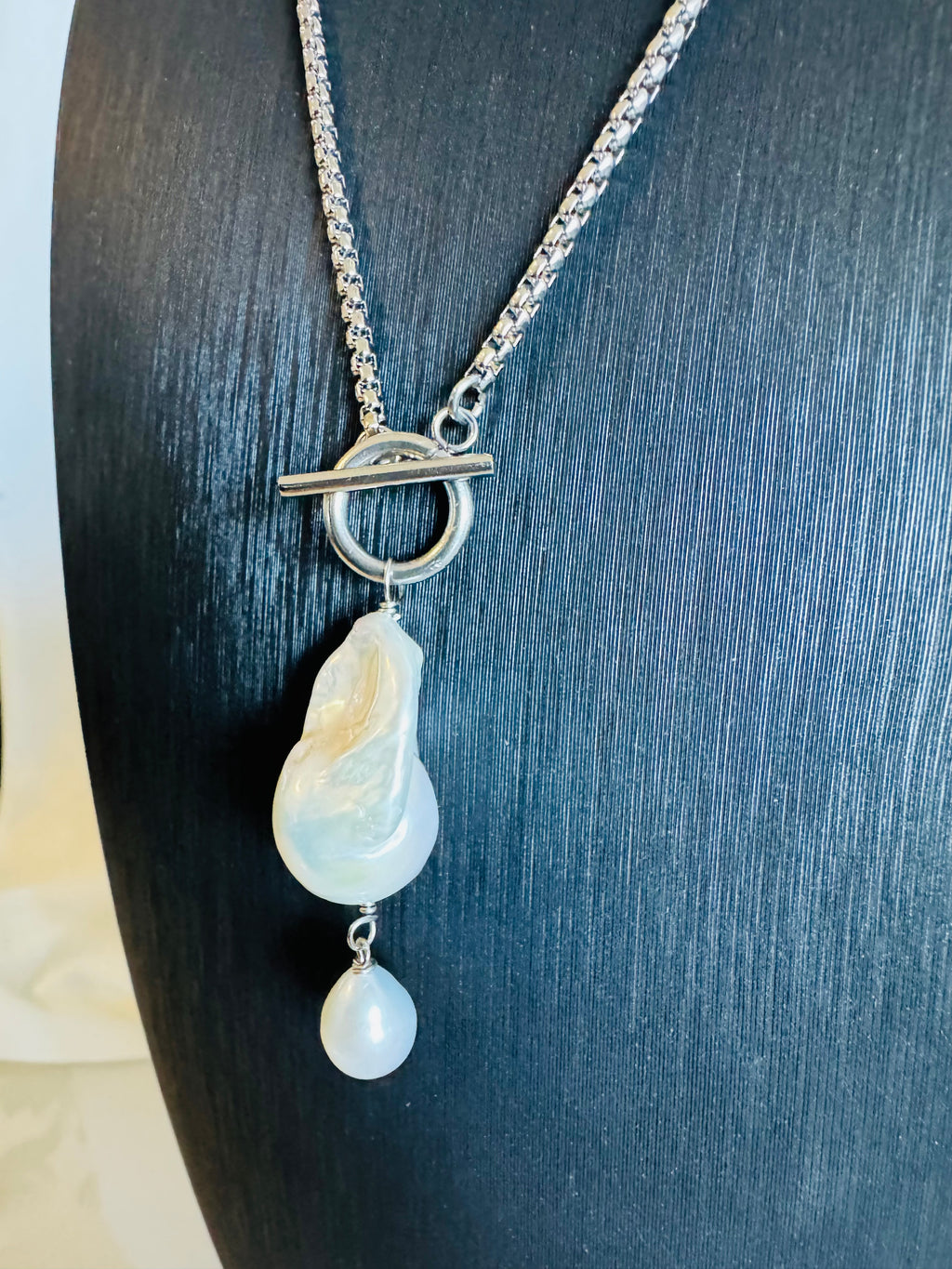 Handmade Baroque Pearl Toggle Necklace, Surgical Stainless Steel Chain, Minimalist Jewelry