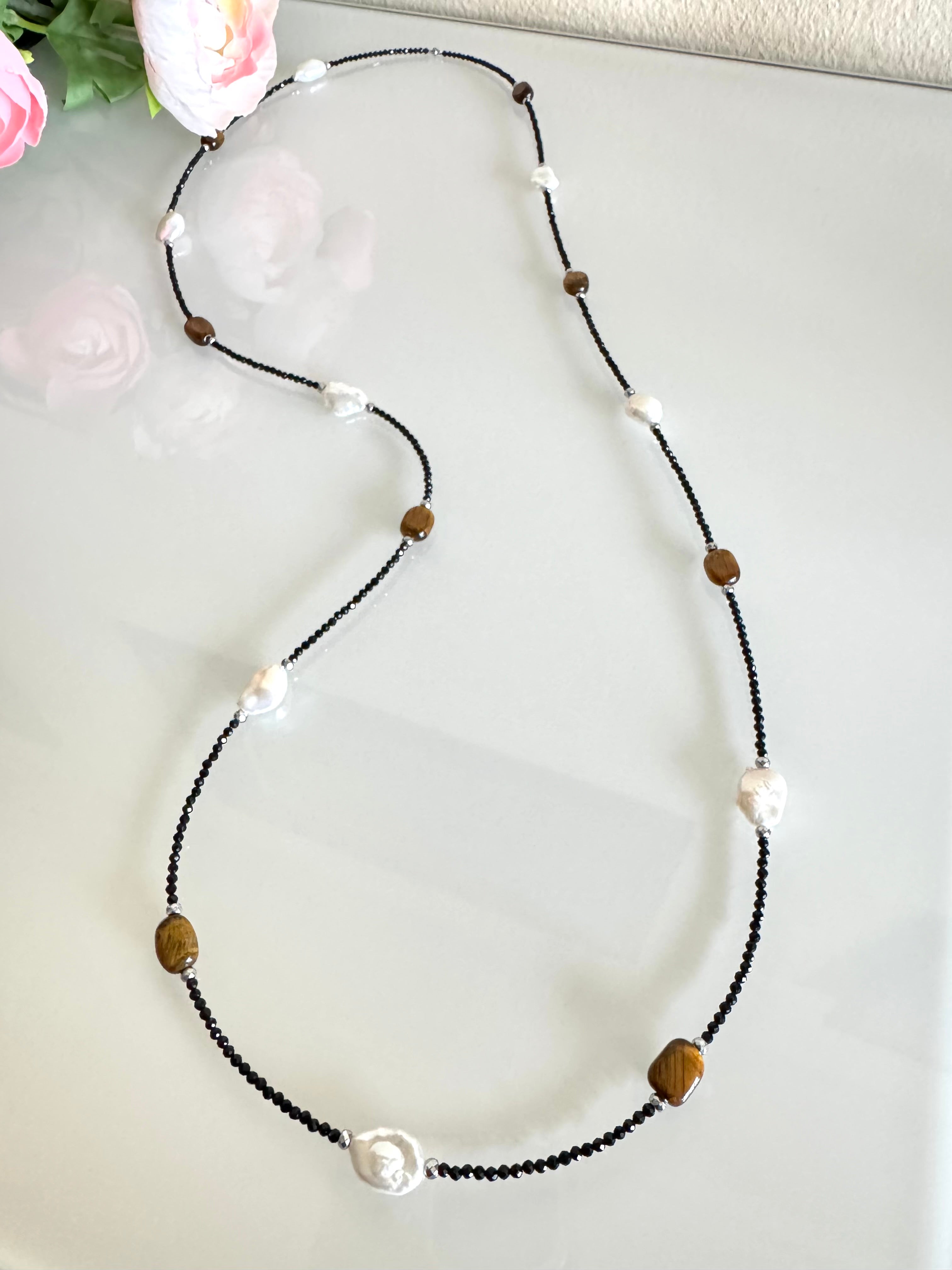 Black spinel, Tiger’s eye, freshwater pearl and hematite long necklace plus shorten clasps 
