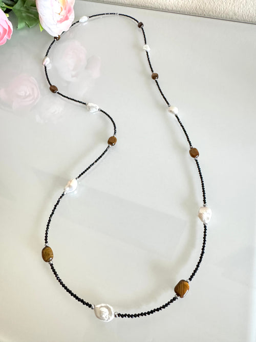 Black spinel, Tiger’s eye, freshwater pearl and hematite long necklace plus shorten clasps 