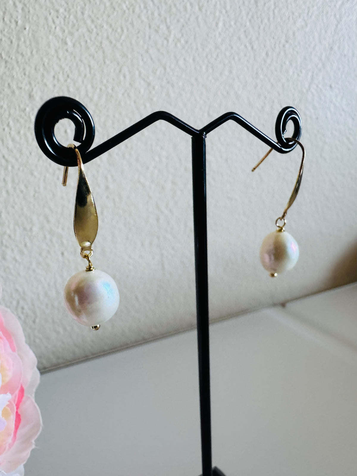 Freshwater Off Round Pearl Drop Earrings, Surgical Stainless Gold Dangle Earrings, Handmade Australian Jewellery, Gift For Her