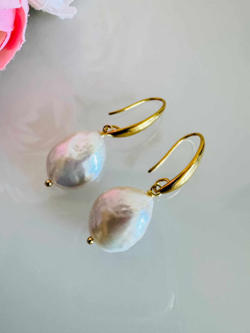 Freshwater Coin Shape Baroque Pearl Drop Earrings, Surgical Stainless Gold Dangle Earrings, Handmade Australian Jewellery, Gift For Her
