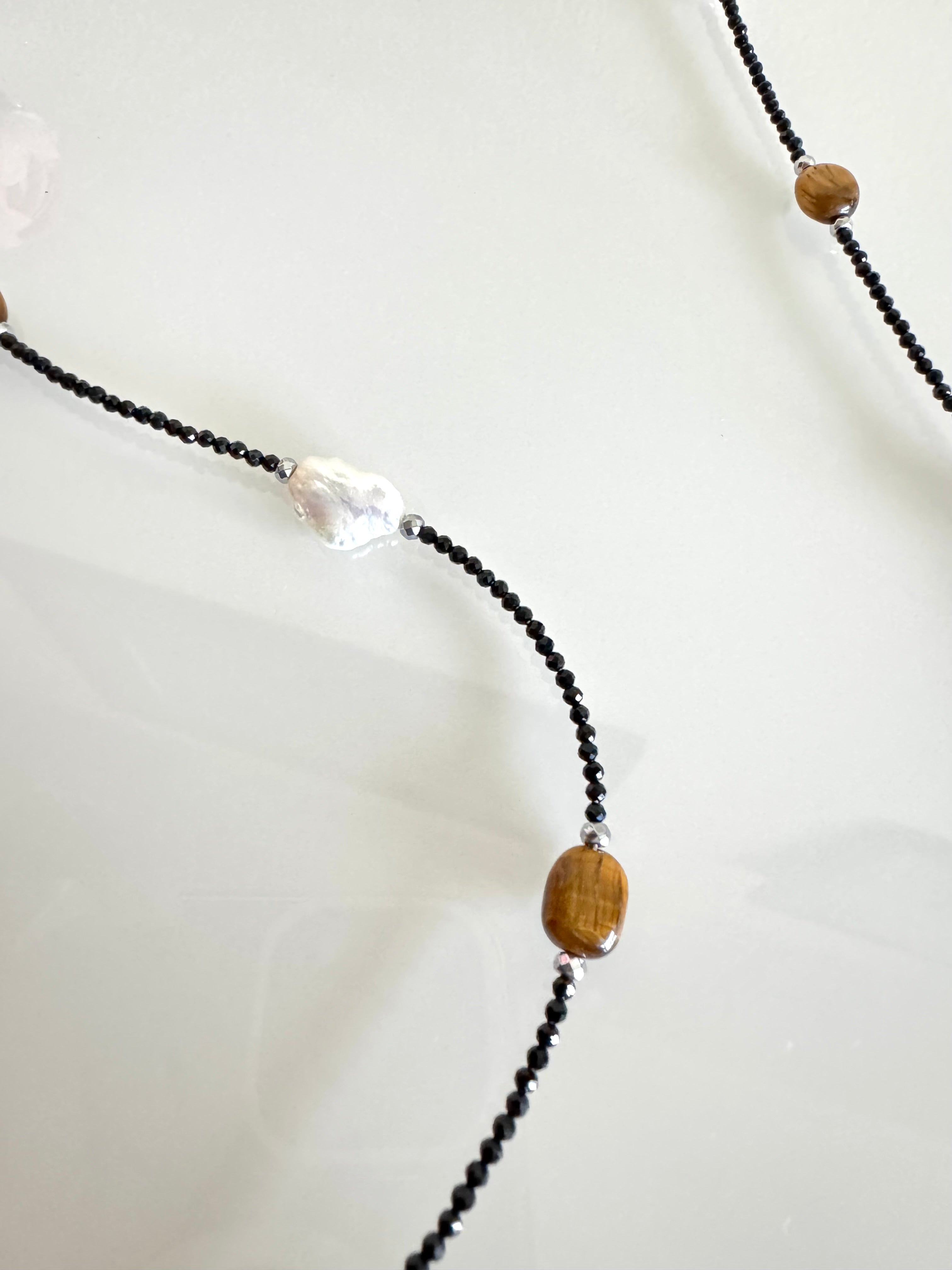 Black spinel, Tiger’s eye, freshwater pearl and hematite long necklace plus shorten clasps 