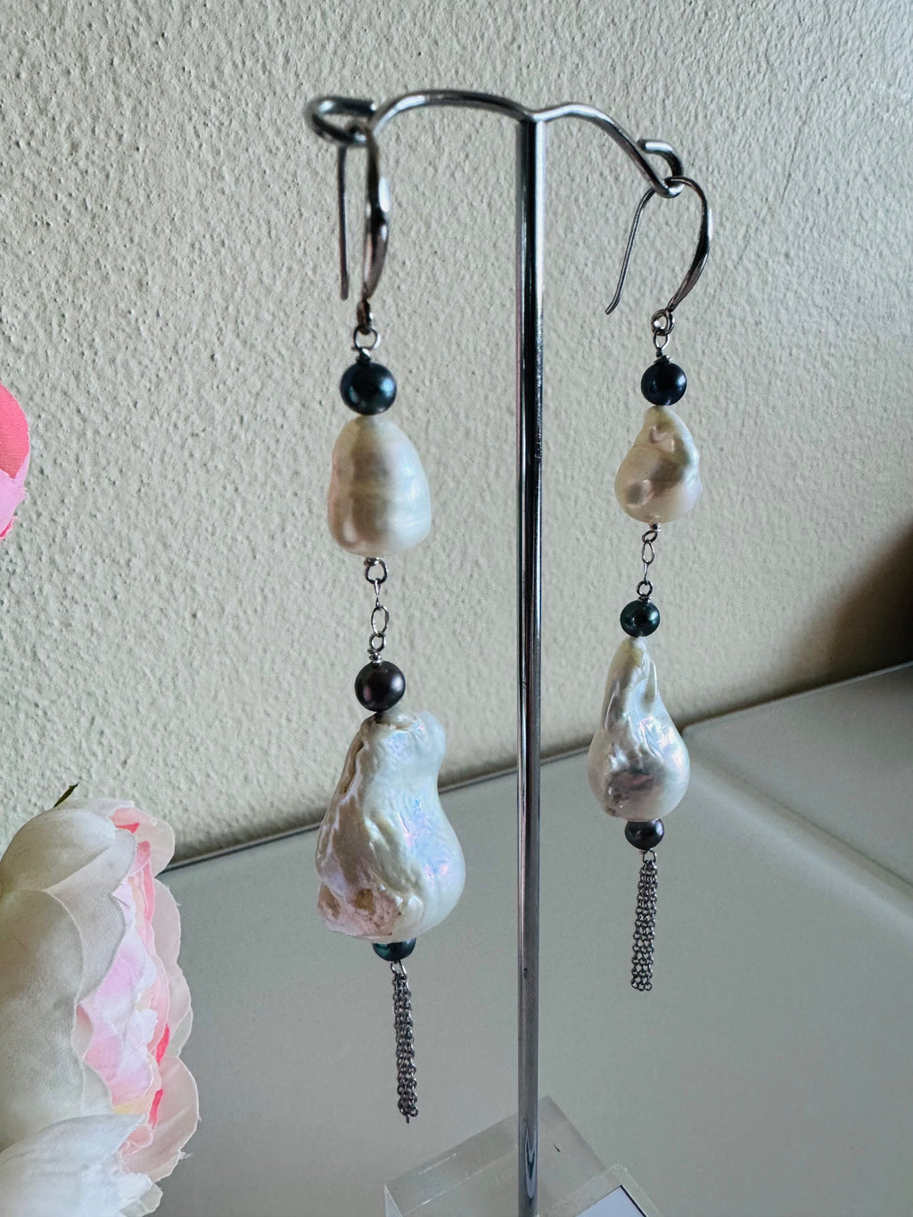 Large Freshwater Pearl Earrings with Sterling Silver Hooks and Surgical Stainless Settings and Chains