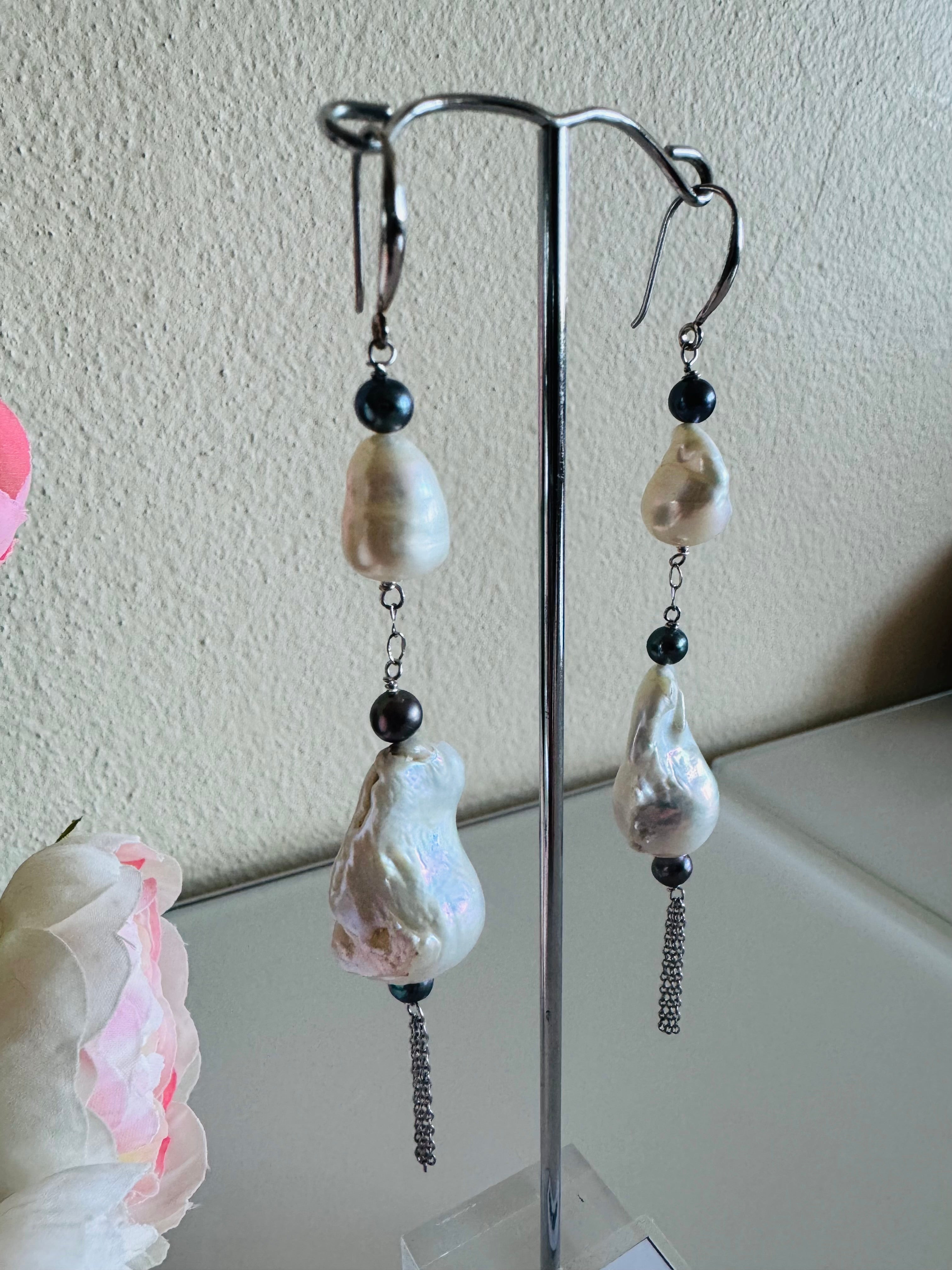 Large Freshwater Pearl Earrings with Sterling Silver Hooks and Surgical Stainless Settings and Chains