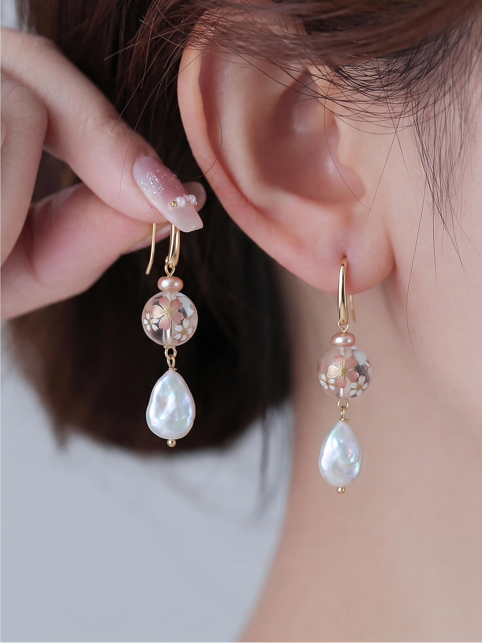 Japanese Tensha Beads Freshwater White Drop and Golden Pearls with Surgical Stainless Gold Hook Earrings