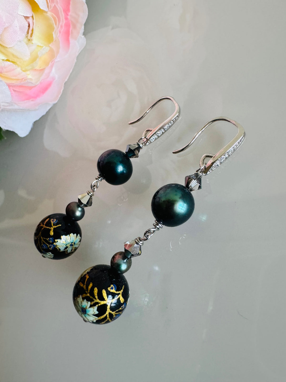 Japanese Tensha Bead Earrings, Sterling Silver Freshwater Black Pearl Dangle Earrings, Swarovski Crystal, Handmade Floral Drop Jewellery