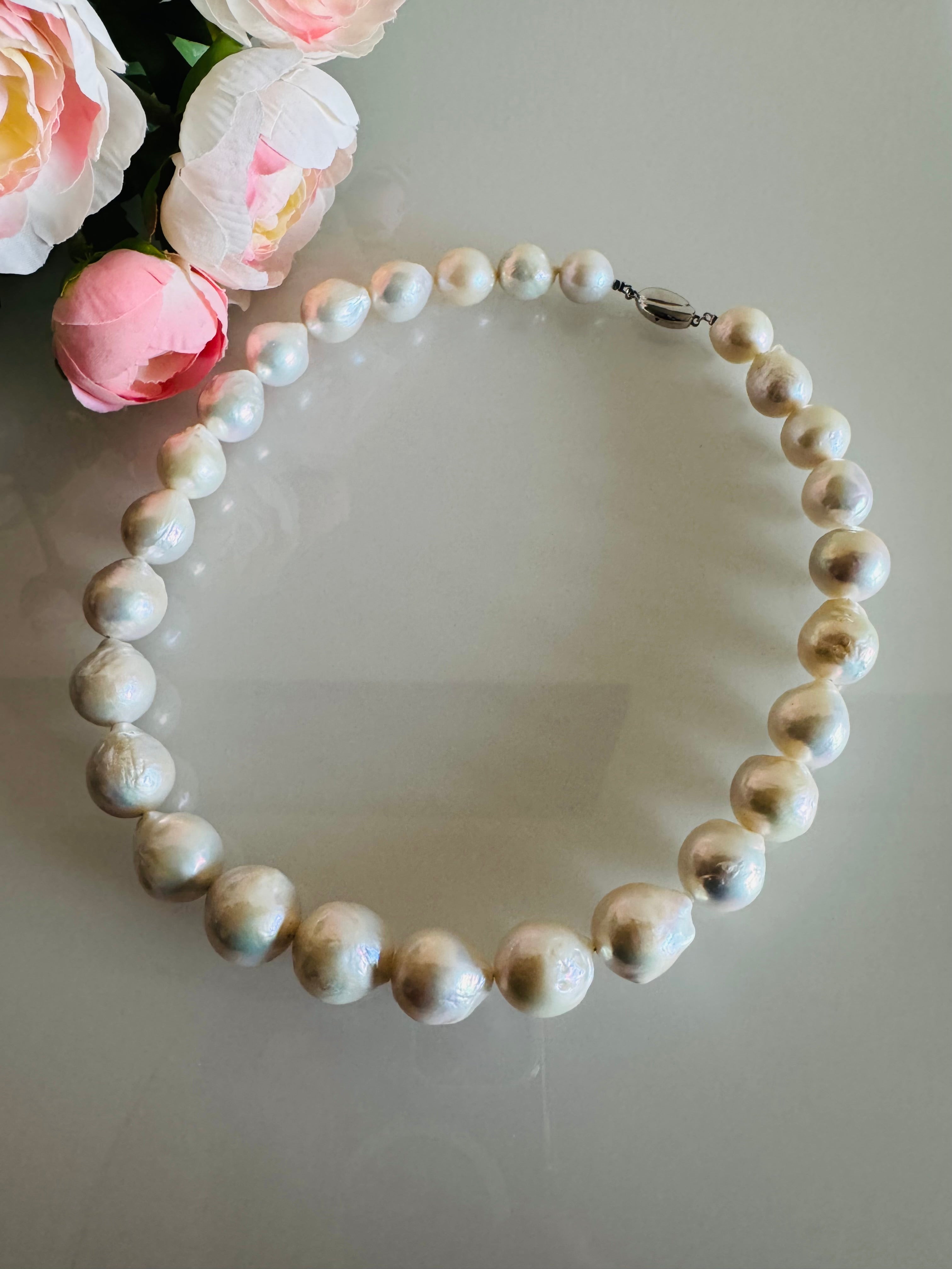 Large White Colour Off Round Pearl Necklace, 925 Sterling Silver Puch Clasp, Genuine Pearl Jewelry, Handcrafted in Australia, Exclusive Gift