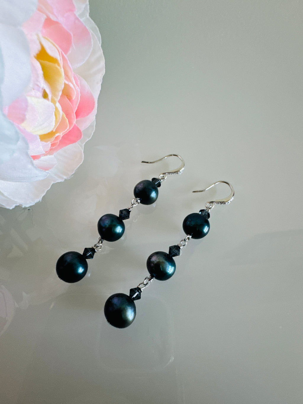 Black Freshwater Off Round Pearl Drop Trilogy Earrings With 925 Silver Hooks, Swarovski Crystals, Dangle Earrings, Anniversary Gift,