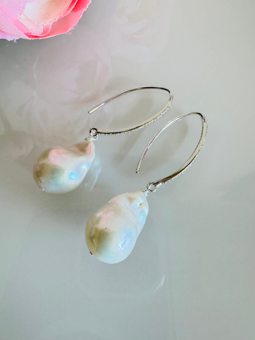 925 Sterling Silver Baroque Pearl Drop Earrings, Rhodium Plated Freshwater Pearl Dangle Earrings, Elegant Bridal Jewellery, Anniversary Gift