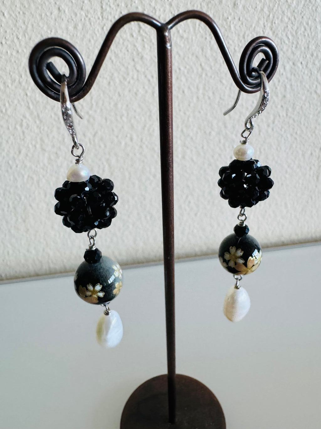 Japanese Tensha Bead Earrings, Sterling Silver Freshwater Pearl Dangle Earrings, Crystal Beads Ball, Handmade Floral Drop Jewellery
