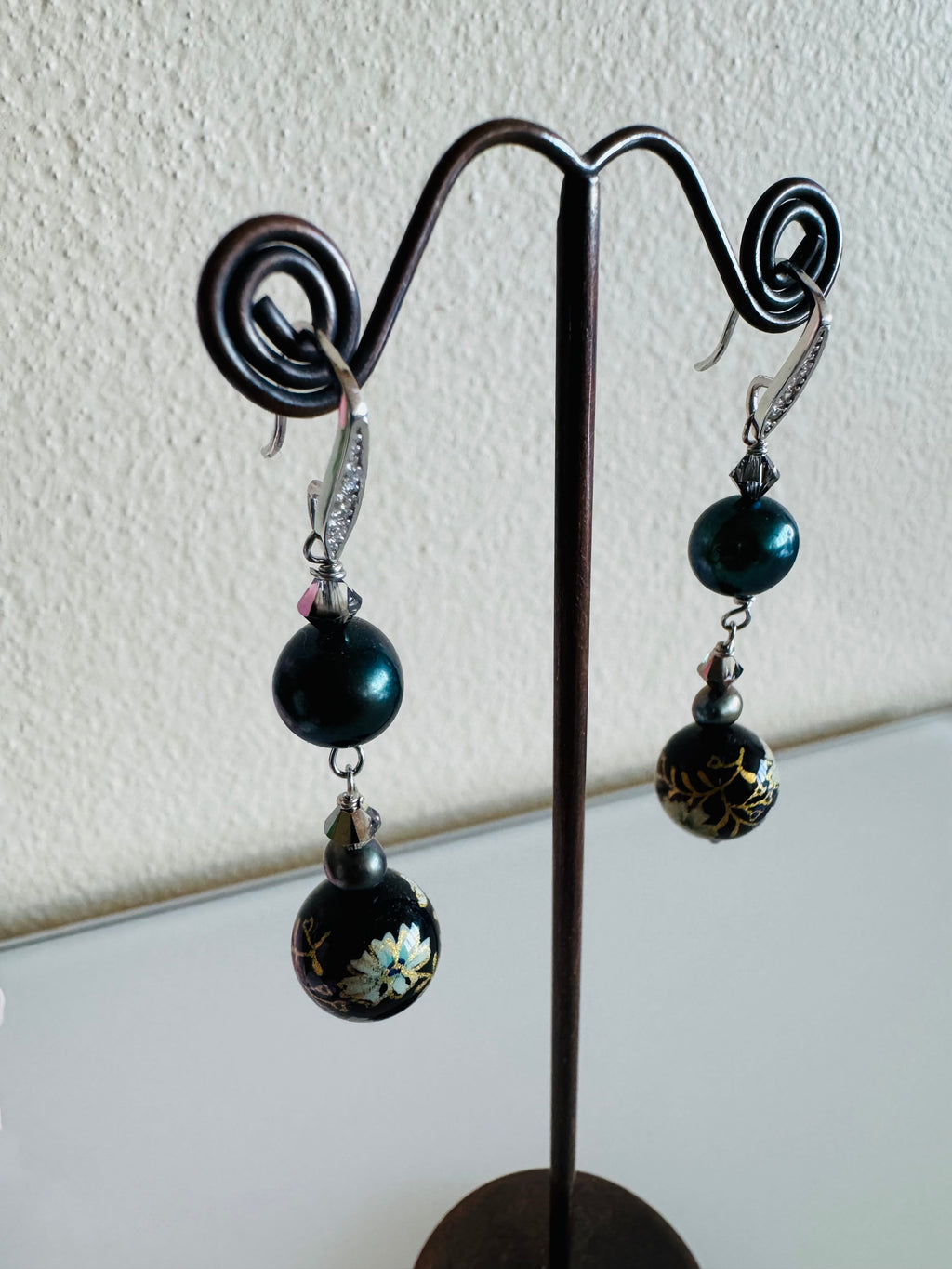 Japanese Tensha Bead Earrings, Sterling Silver Freshwater Black Pearl Dangle Earrings, Swarovski Crystal, Handmade Floral Drop Jewellery