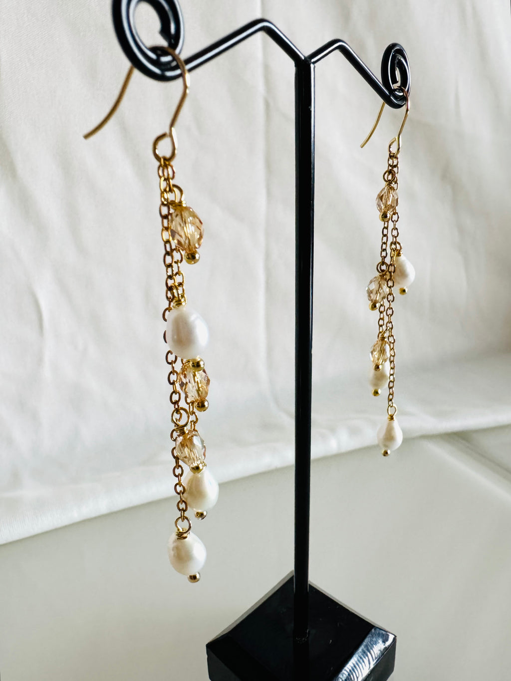 Teardrop Freshwater Pearl & Swarovski Crystal Earrings – Surgical Stainless Gold, Long Drop