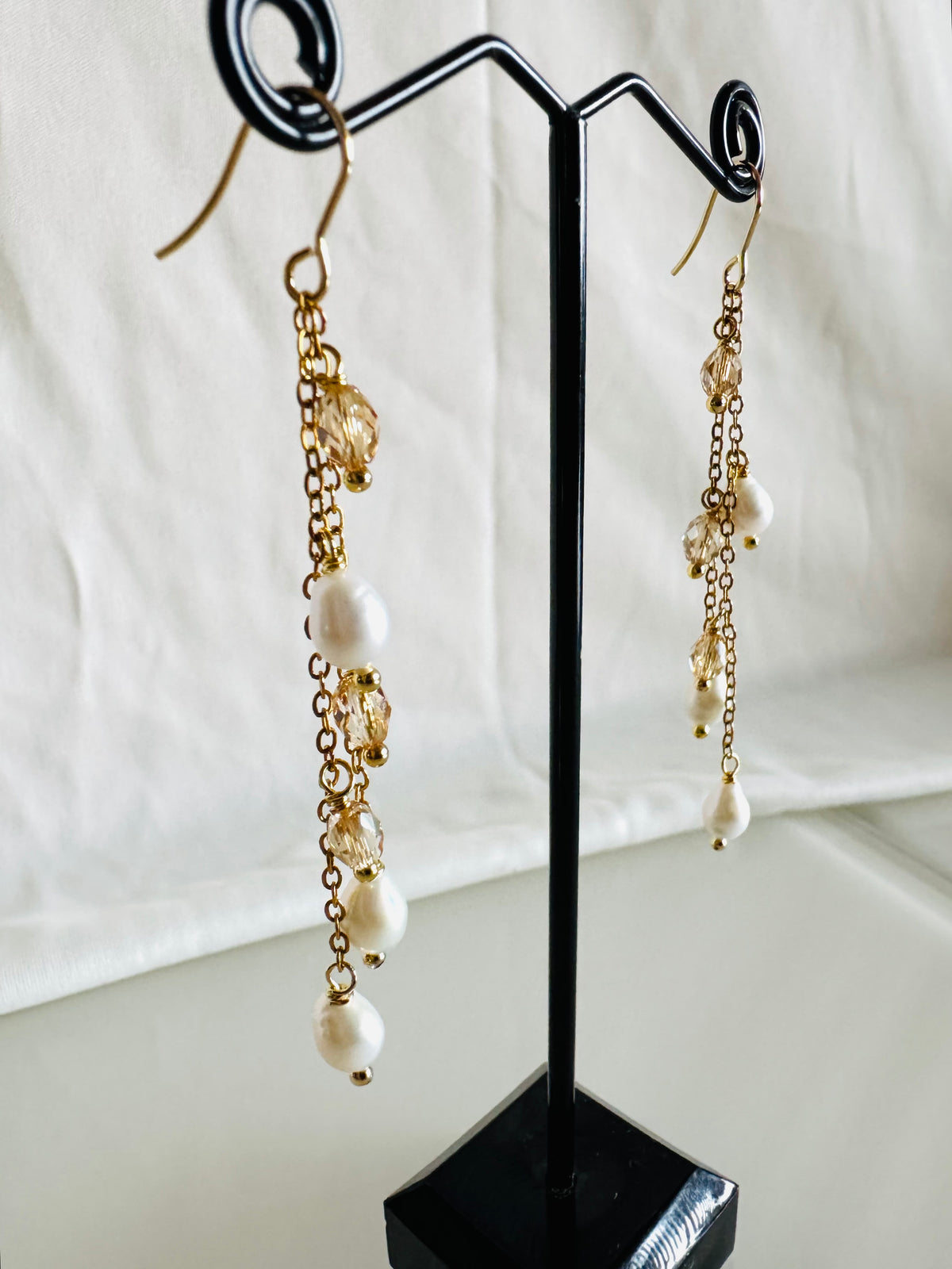 Teardrop Freshwater Pearl & Swarovski Crystal Earrings – Surgical Stainless Gold, Long Drop