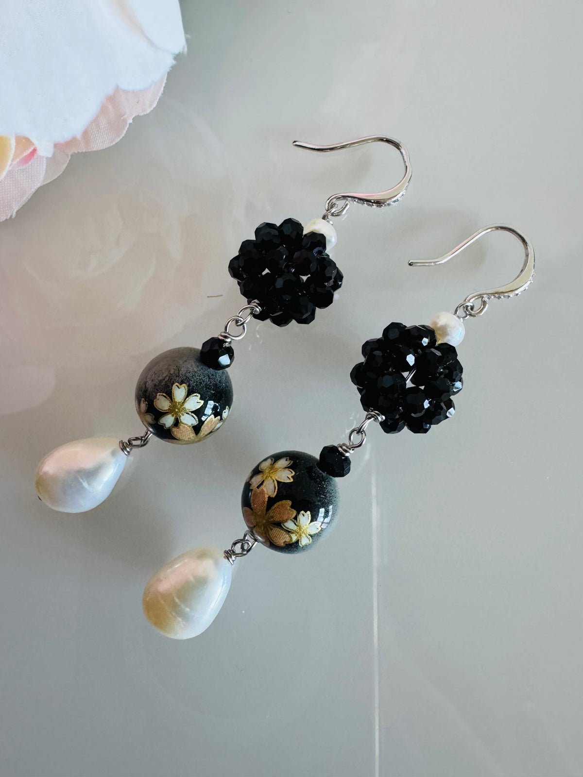 Japanese Tensha Bead Earrings, Sterling Silver Freshwater Pearl Dangle Earrings, Crystal Beads Ball, Handmade Floral Drop Jewellery