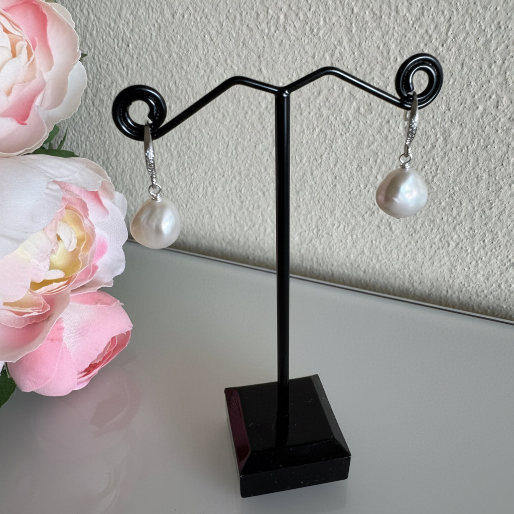 Sterling silver freshwater baroque pearl earrings with cubic zirconia melees