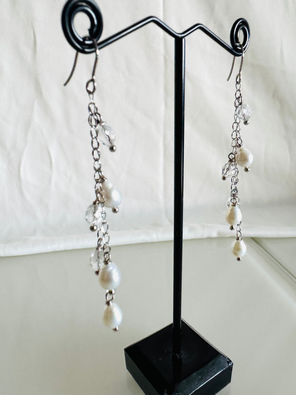 Handcrafted Teardrop Freshwater Pearl & Swarovski Crystal Earrings – Elegant Long Drop Jewelry