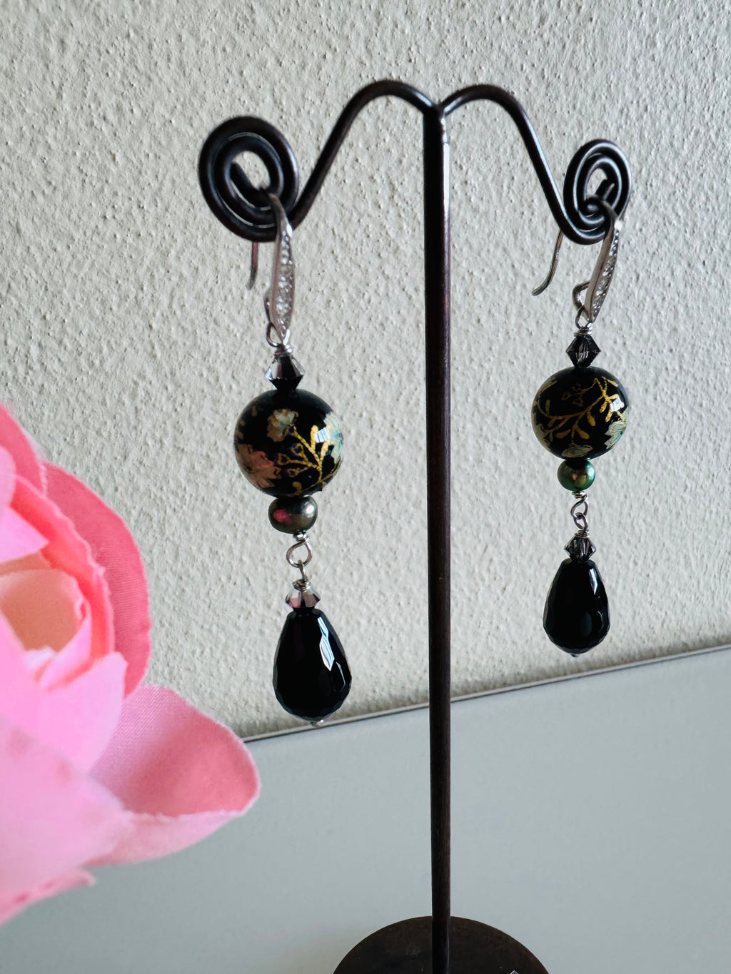 Japanese Tensha Bead & Onyx Earrings, Sterling Silver Freshwater Black Pearl Dangle Earrings, Swarovski Crystal, Handmade Australia