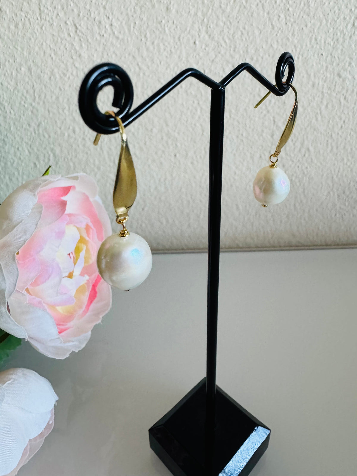 Freshwater Off Round Pearl Drop Earrings, Surgical Stainless Gold Dangle Earrings, Handmade Australian Jewellery, Gift For Her