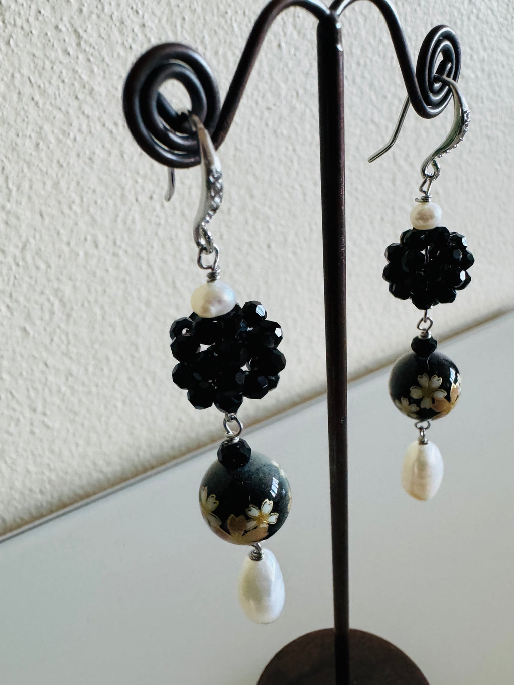 Japanese Tensha Bead Earrings, Sterling Silver Freshwater Pearl Dangle Earrings, Crystal Beads Ball, Handmade Floral Drop Jewellery