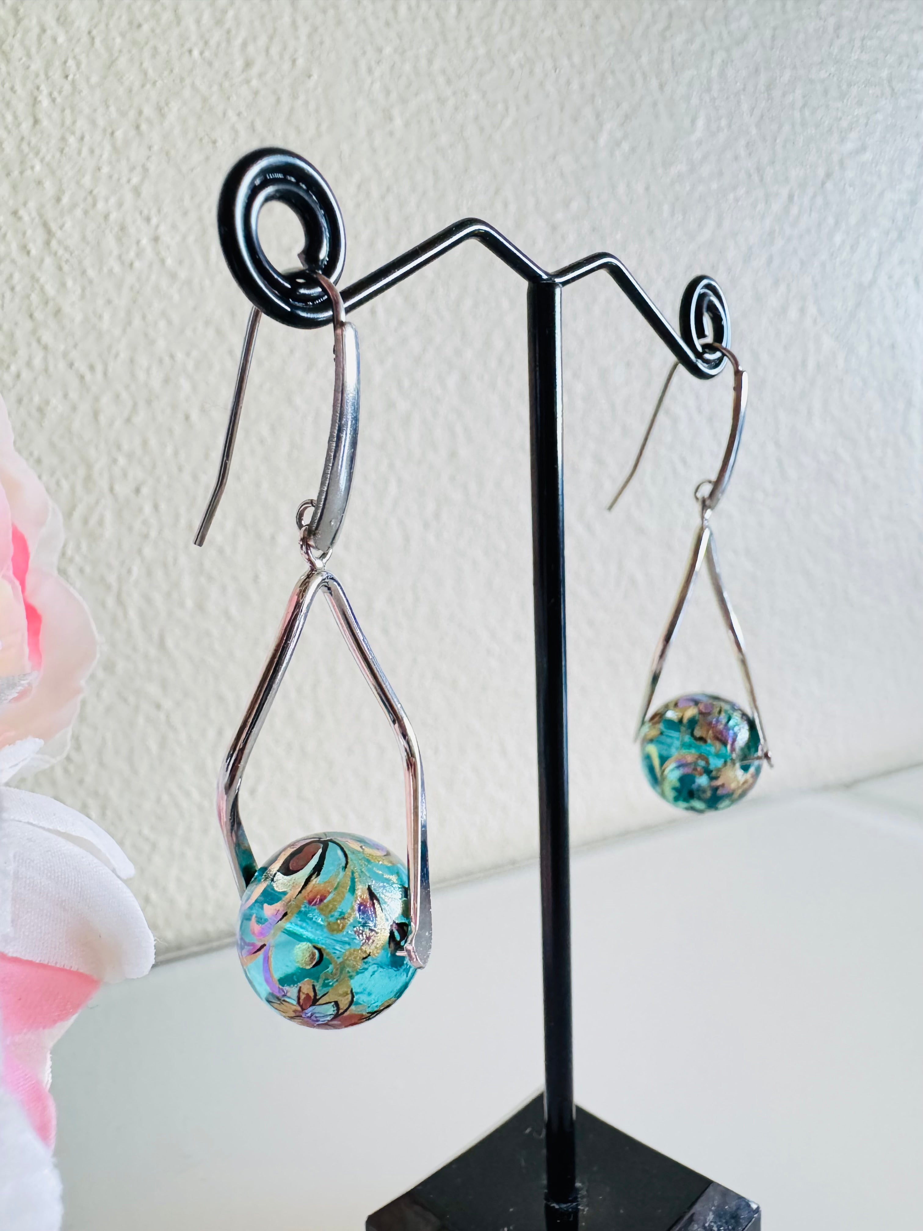 Japanese Tensha Beads Earrings - Aqua Floral Wave | Stainless Steel Hooks
