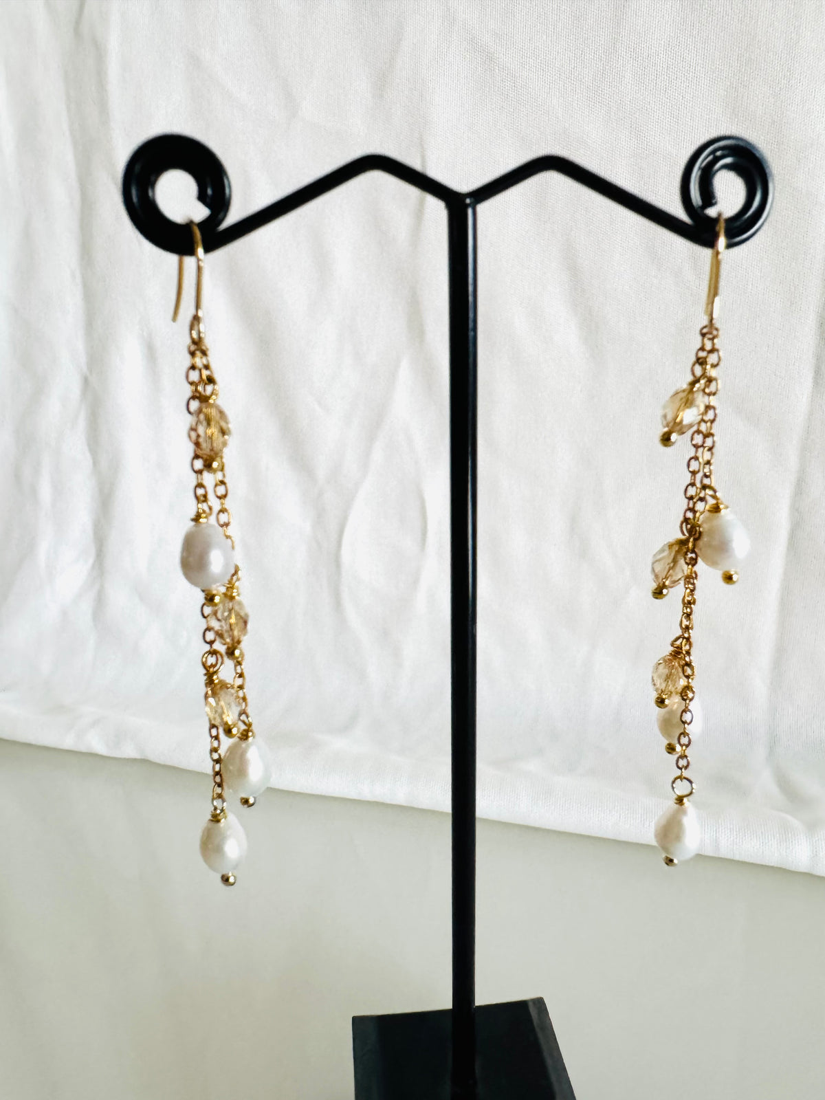 Teardrop Freshwater Pearl & Swarovski Crystal Earrings – Surgical Stainless Gold, Long Drop