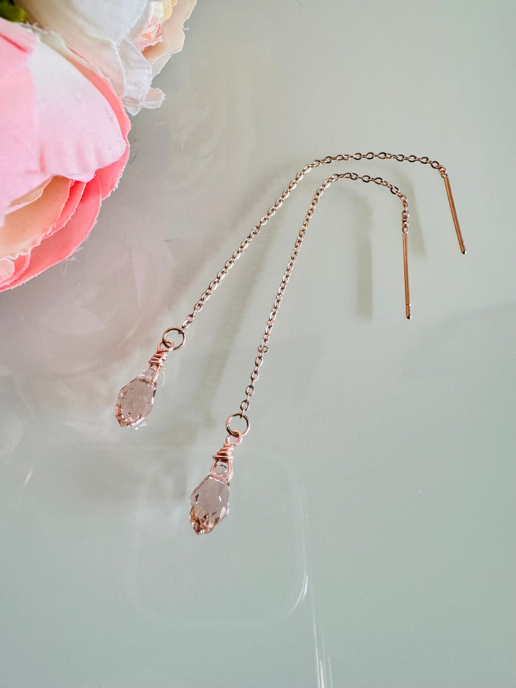 Swarovski Crystal Drop Earrings, Surgical Stainless Rose Gold Dangle Chain Earrings, Handmade Australian Jewellery, Rosegold pink Colour