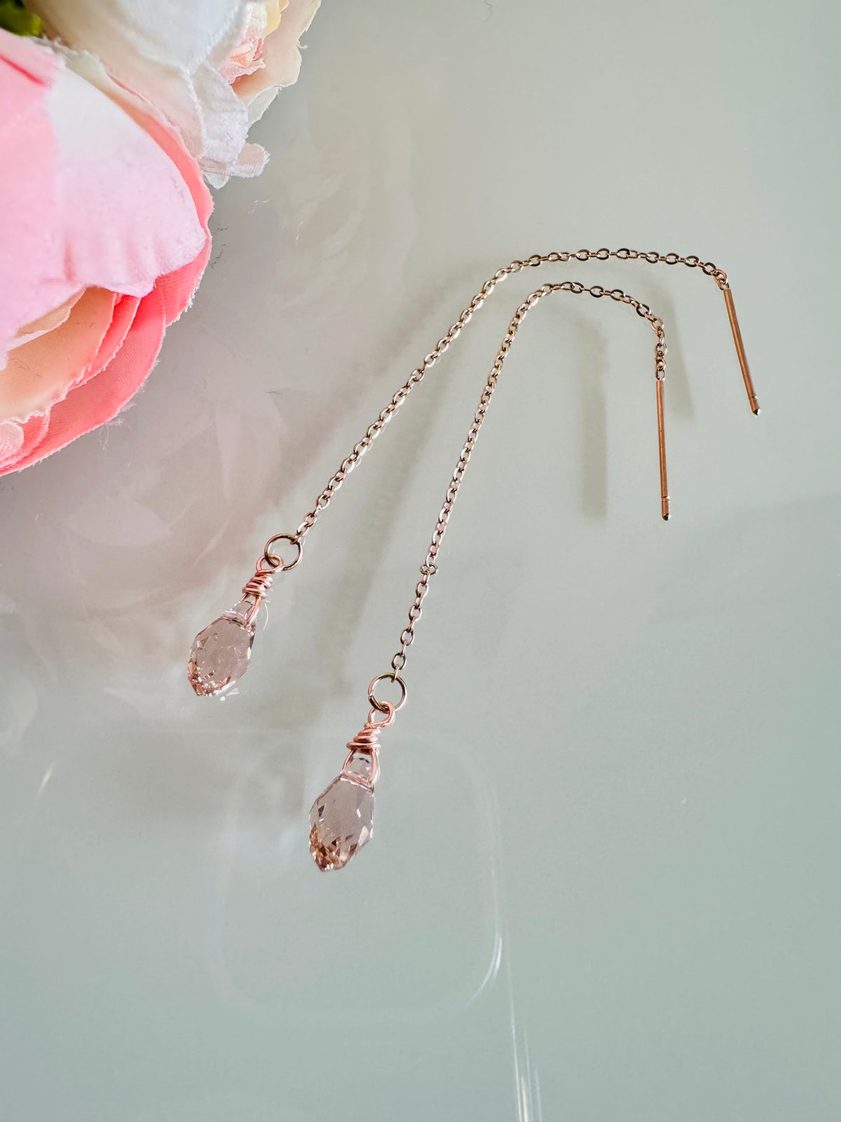Swarovski Crystal Drop Earrings, Surgical Stainless Rose Gold Dangle Chain Earrings, Handmade Australian Jewellery, Rosegold pink Colour