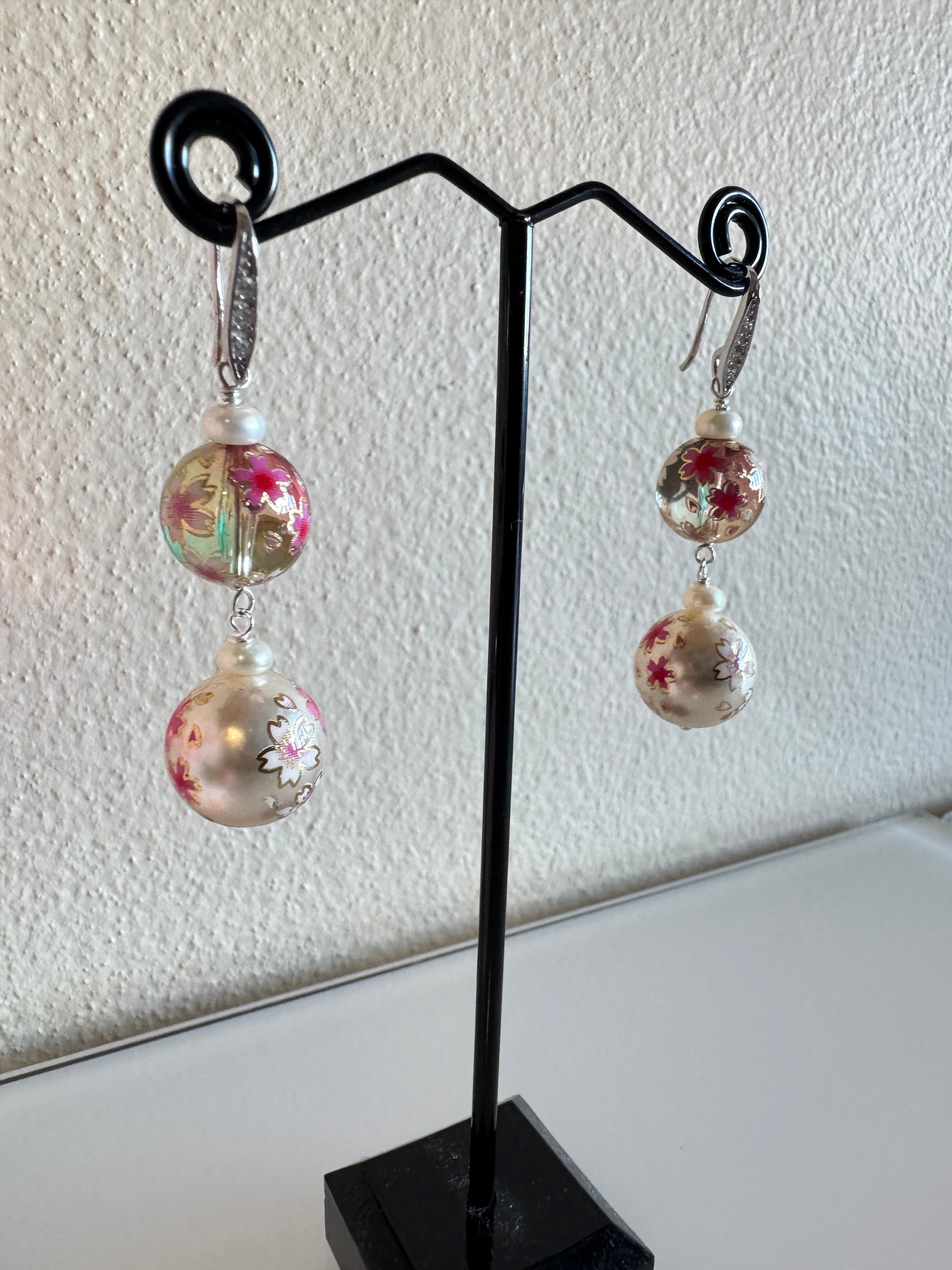 Sterling silver Japanese tensha beads and freshwater pearl earrings