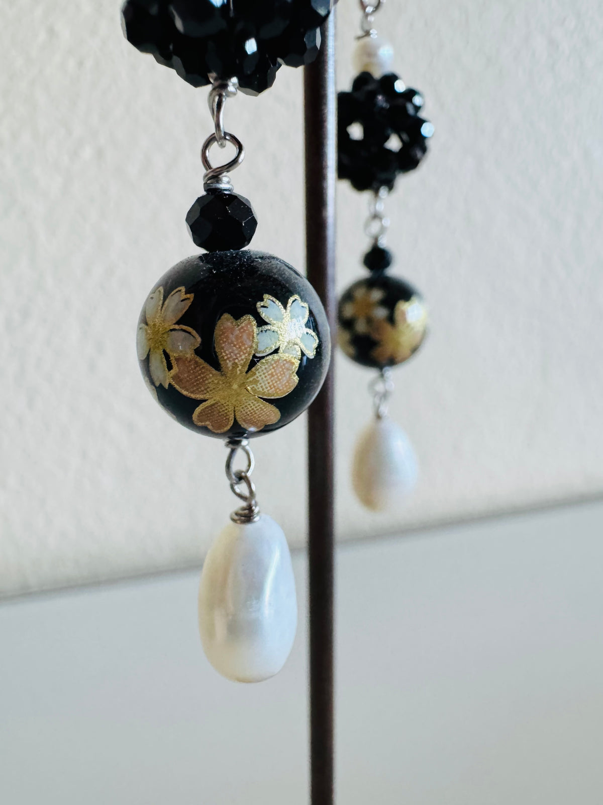 Japanese Tensha Bead Earrings, Sterling Silver Freshwater Pearl Dangle Earrings, Crystal Beads Ball, Handmade Floral Drop Jewellery