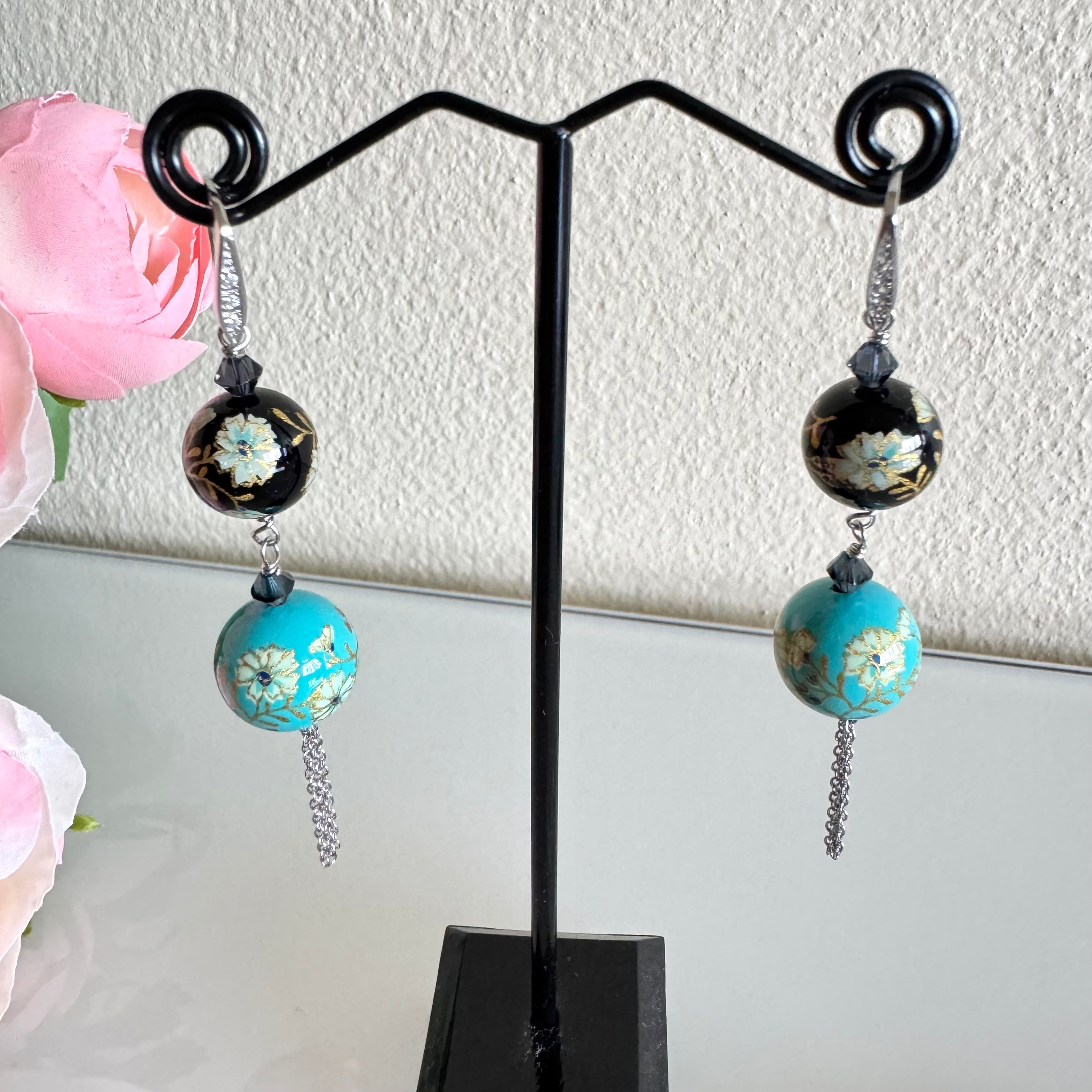 Sterling silver Japanese tensha beads and Swarovski elements crystal earrings with stainless chain and settings