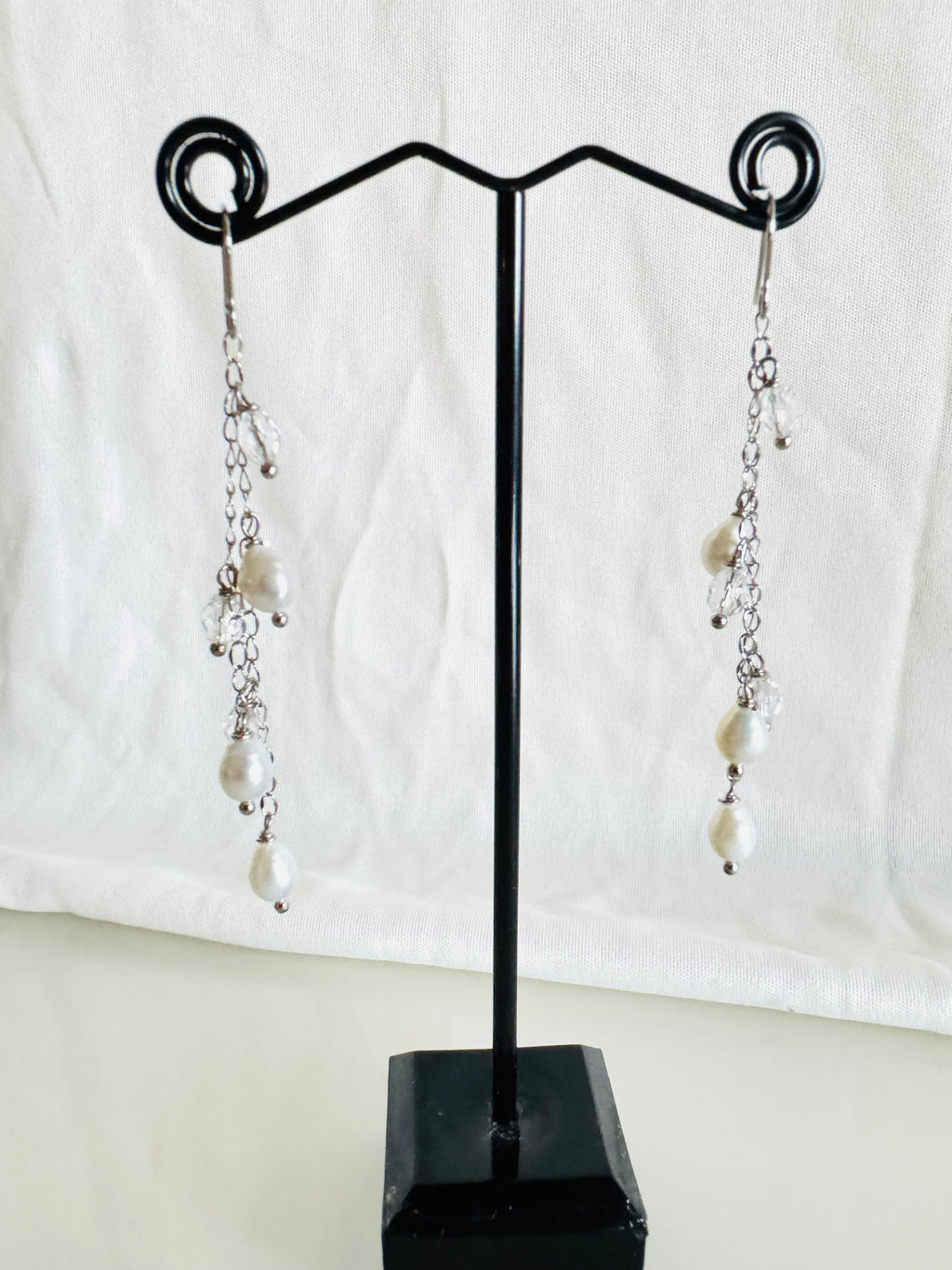 Handcrafted Teardrop Freshwater Pearl & Swarovski Crystal Earrings – Elegant Long Drop Jewelry