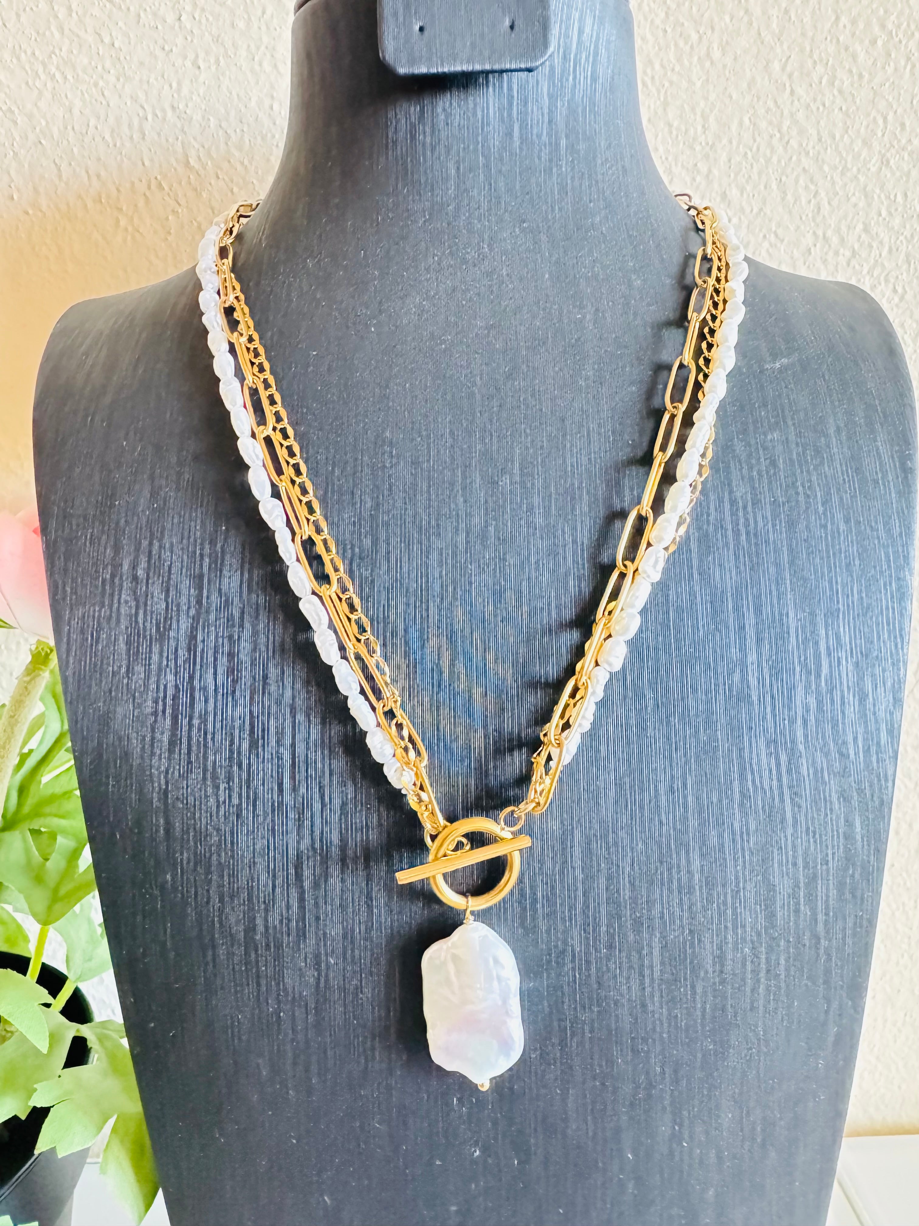 Large Flat Baroque Pearl Pendant with Surgical Stainless Chains, Genuine Natural pearl Necklace, Tarnish Free, Handcrafted in Australia