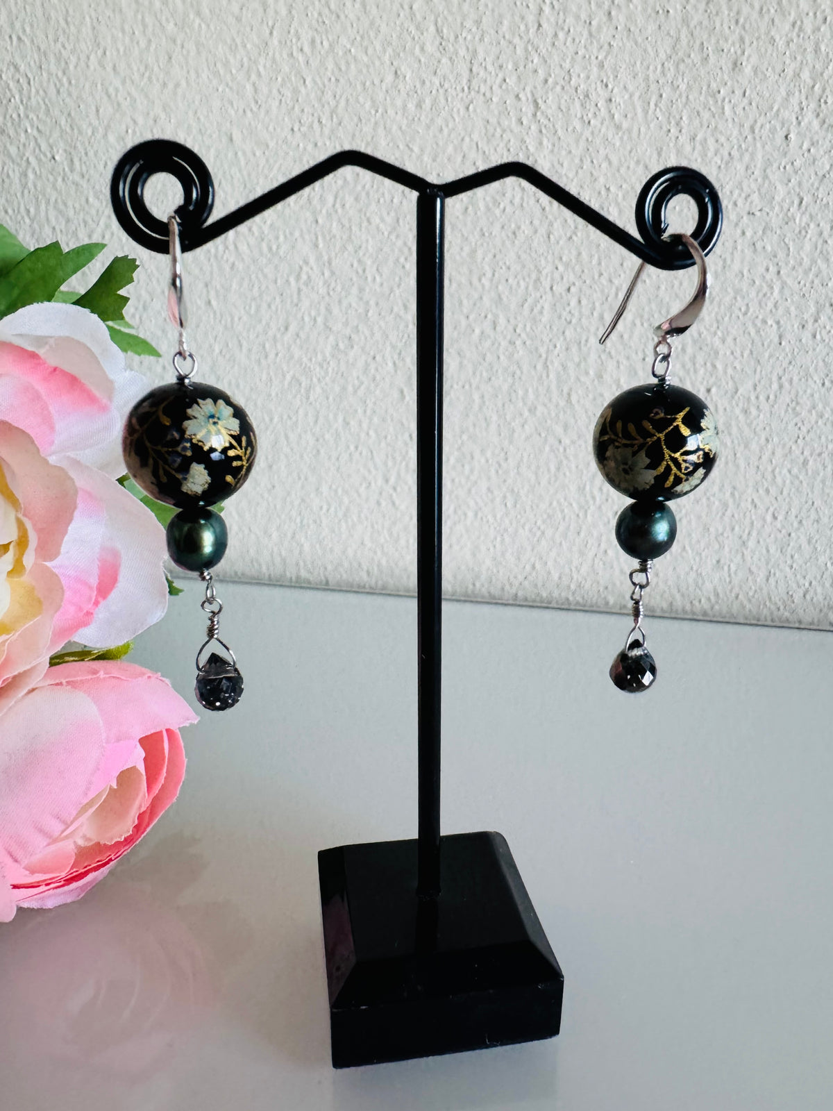 Japanese Tensha Bead Earrings, Sterling Silver Freshwater Black Pearl Dangle Earrings, Crystal Glass, Handmade Floral Drop Jewellery