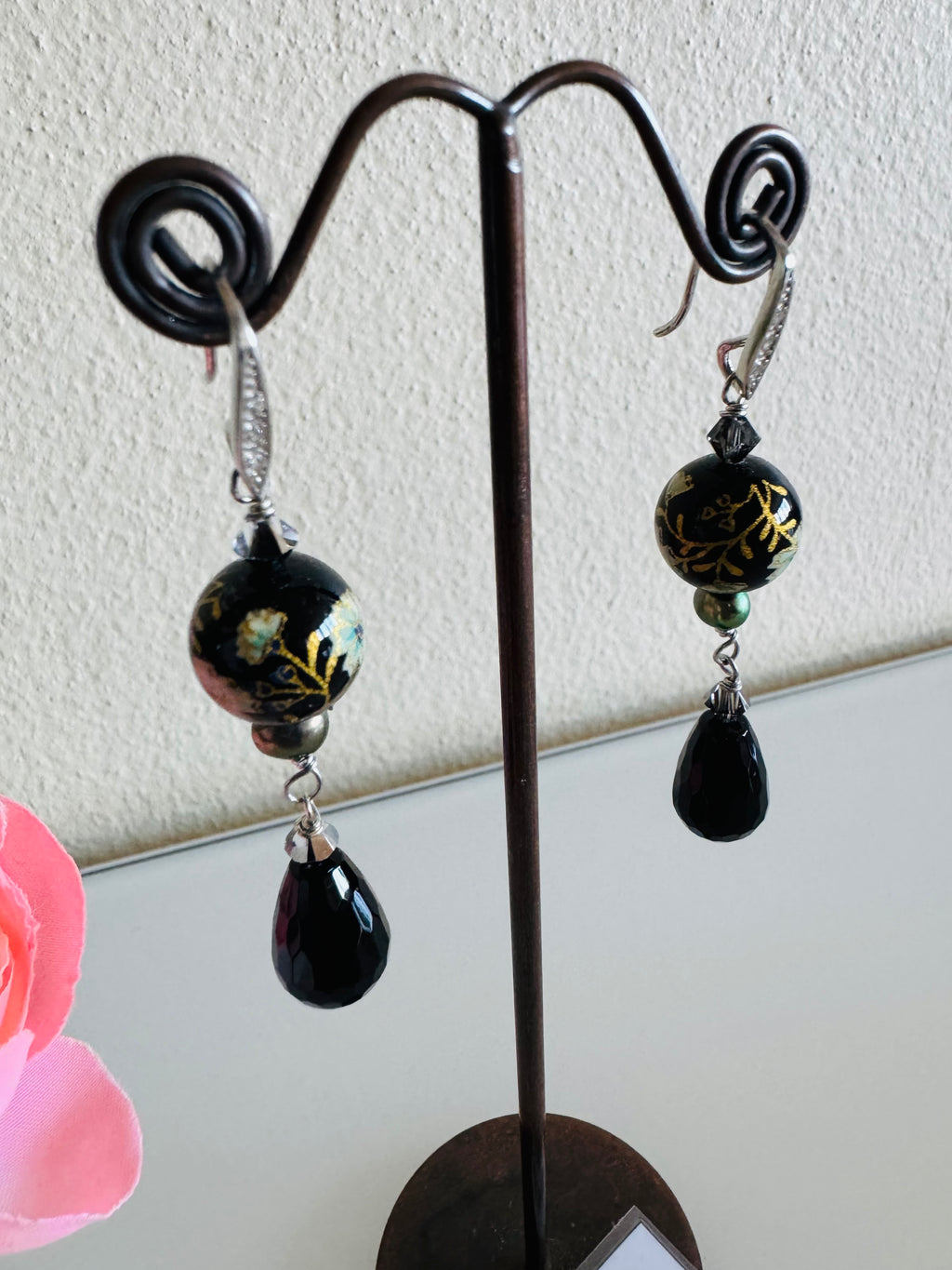 Japanese Tensha Bead & Onyx Earrings, Sterling Silver Freshwater Black Pearl Dangle Earrings, Swarovski Crystal, Handmade Australia