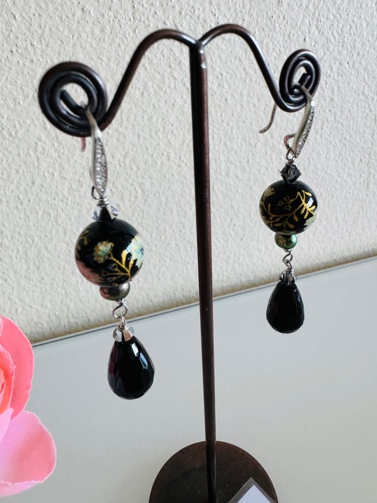 Japanese Tensha Bead & Onyx Earrings, Sterling Silver Freshwater Black Pearl Dangle Earrings, Swarovski Crystal, Handmade Australia