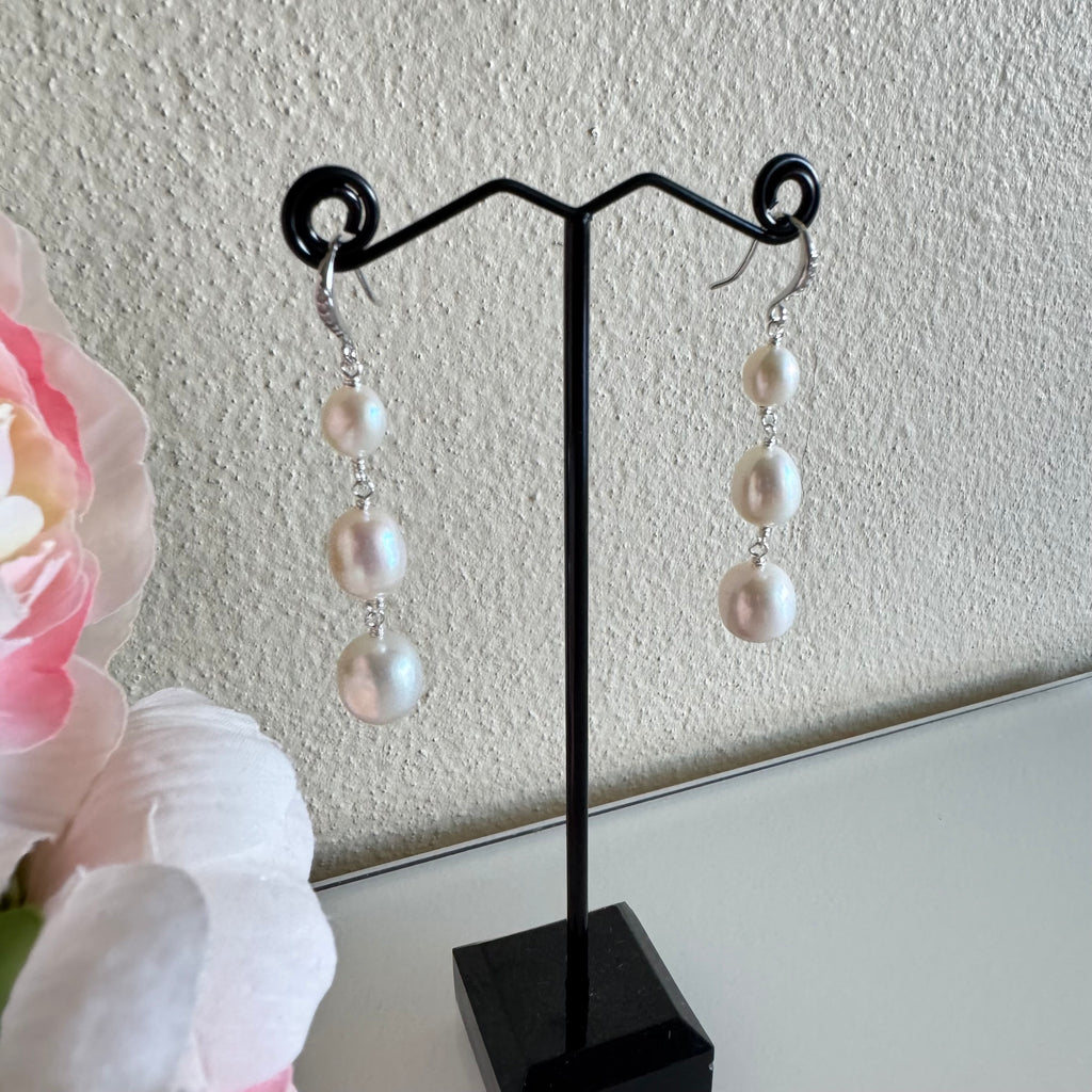 Sterling silver freshwater pearl trilogy earrings with cubic zirconia melees