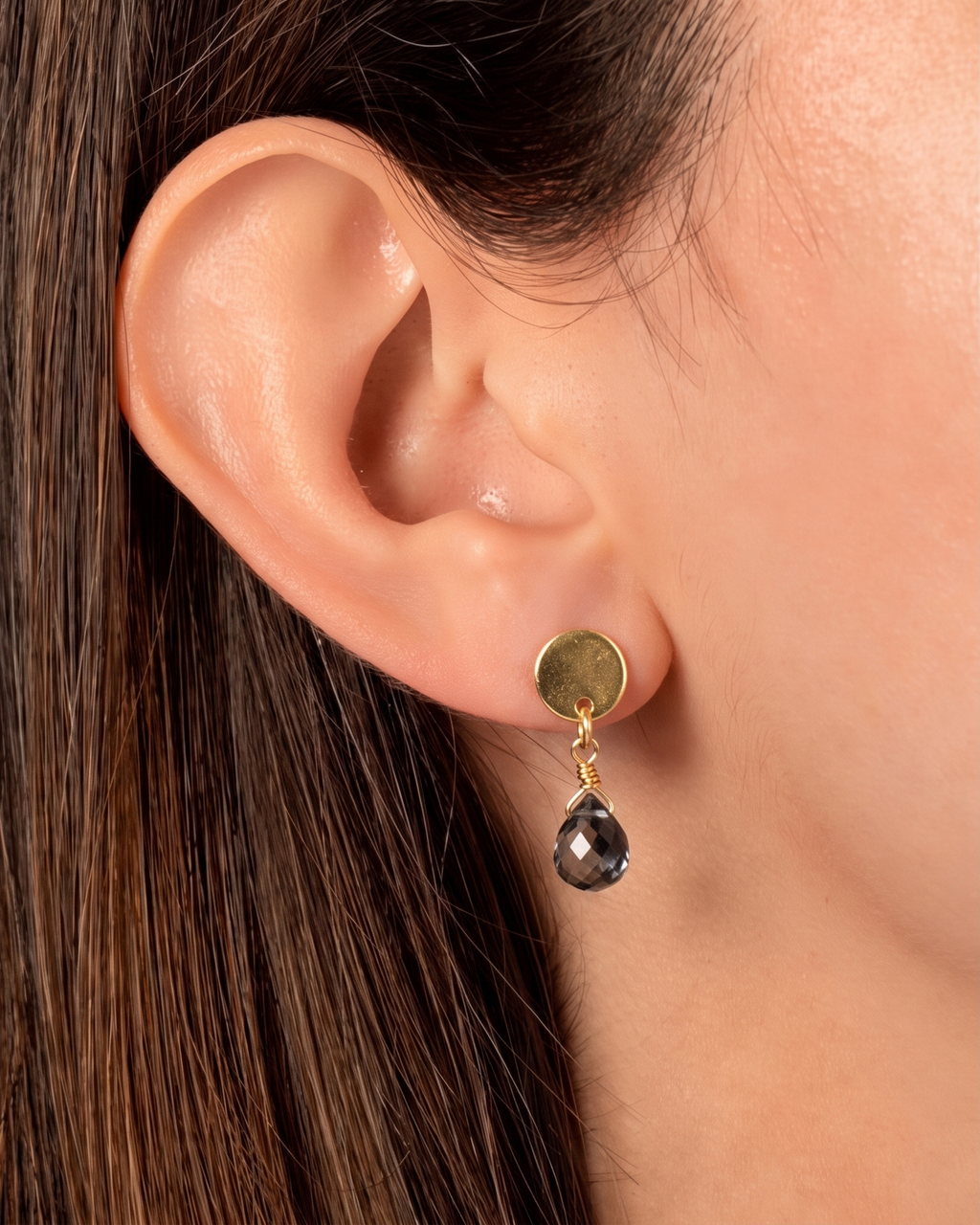Handmade Dark Grey Crystal Drop Earrings, Surgical Stainless Gold Studs, Lightweight (1.5g)