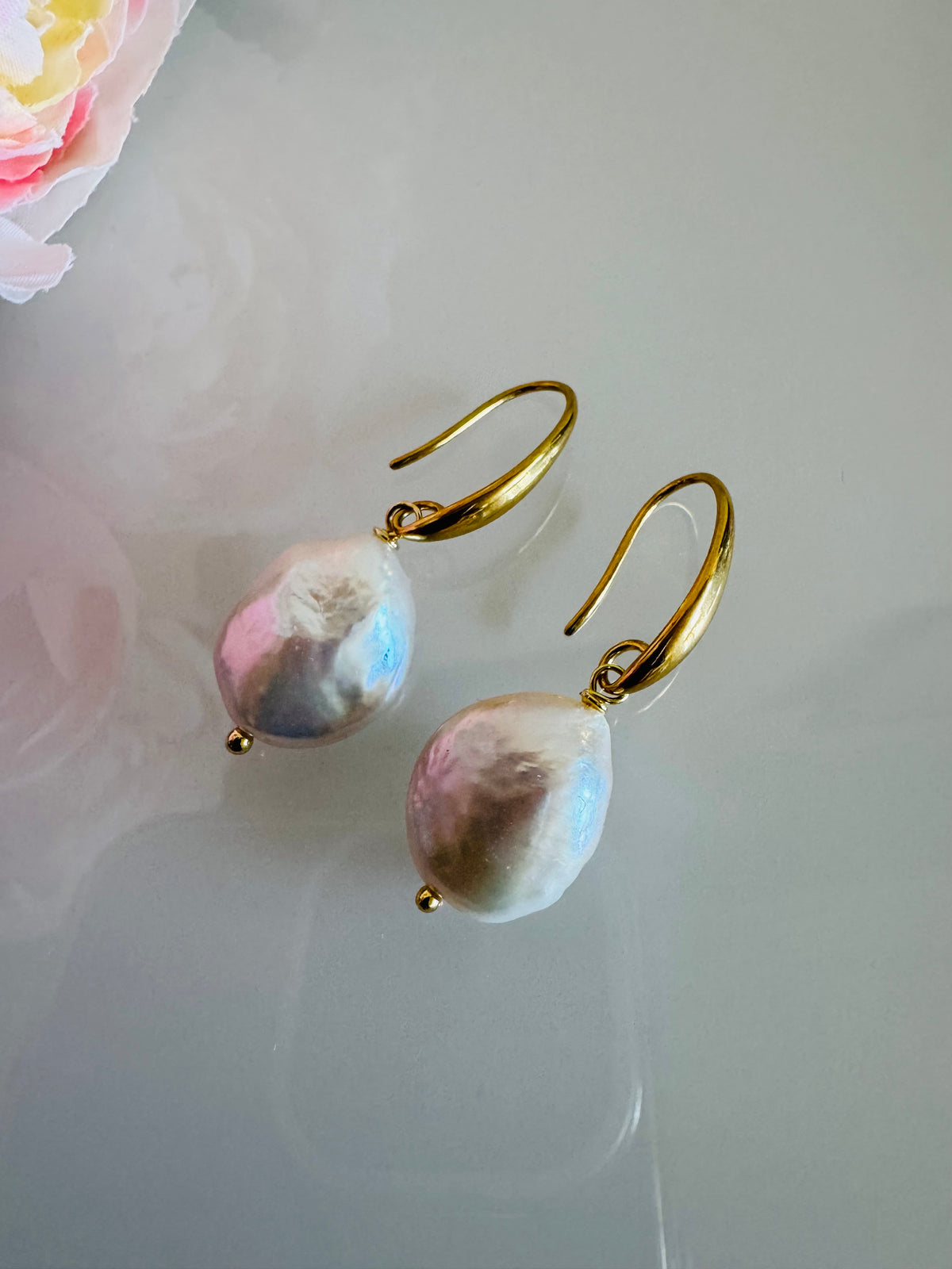 Freshwater Coin Shape Baroque Pearl Drop Earrings, Surgical Stainless Gold Dangle Earrings, Handmade Australian Jewellery, Gift For Her