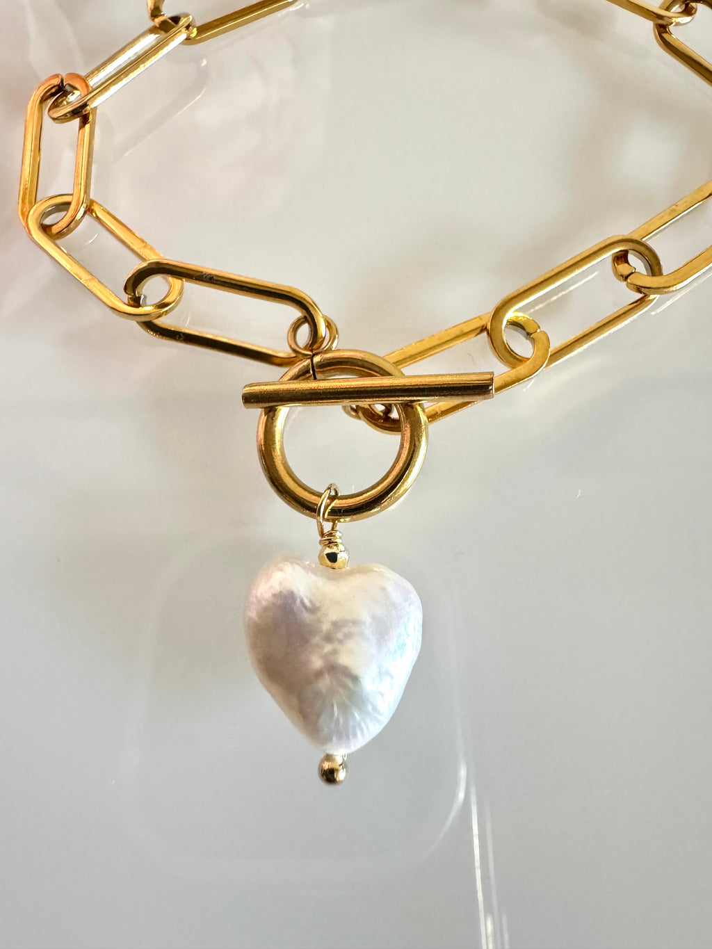 Heart Shaped Freshwater Pearl Bracelet With Stainless Gold Chains and Clasps