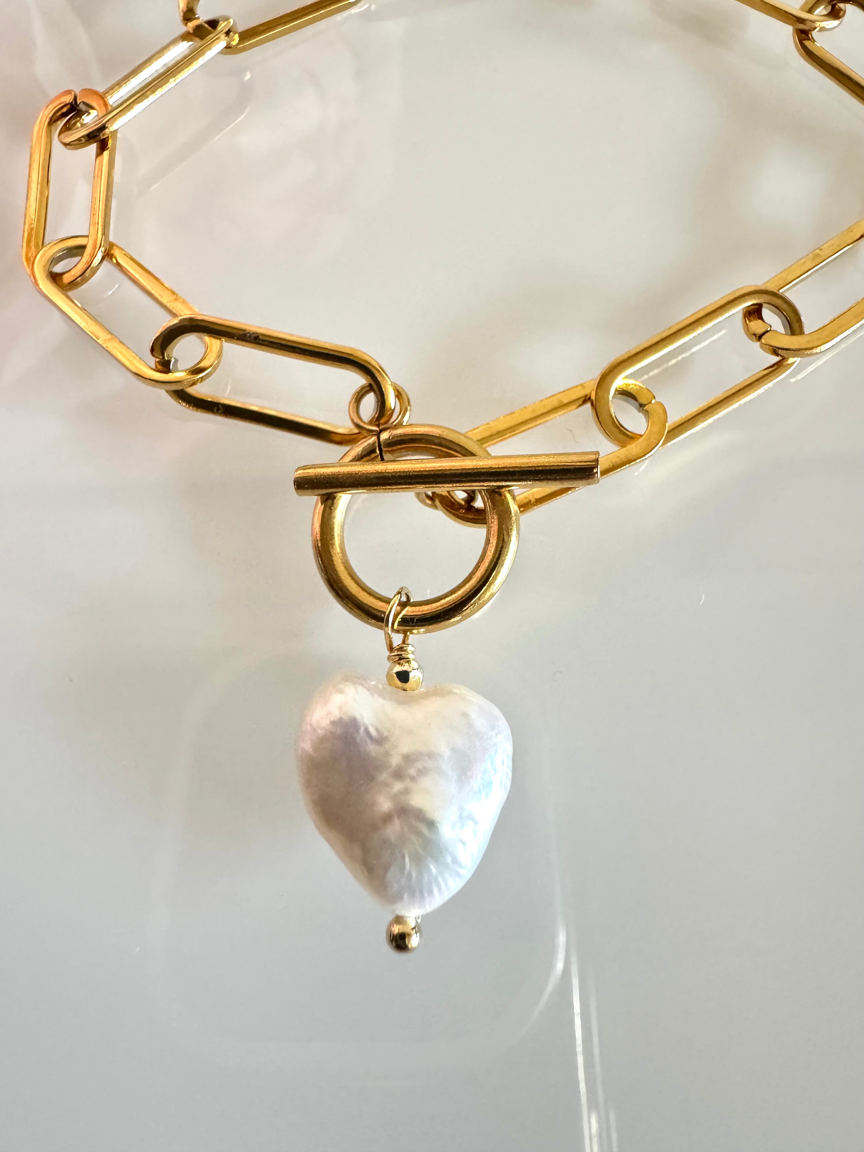 Heart Shaped Freshwater Pearl Bracelet With Stainless Gold Chains and Clasps