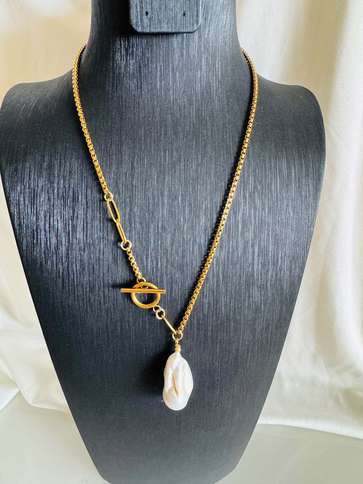 Handmade Baroque Pearl Toggle Necklace, Gold Stainless Steel Chain, Statement Jewellery