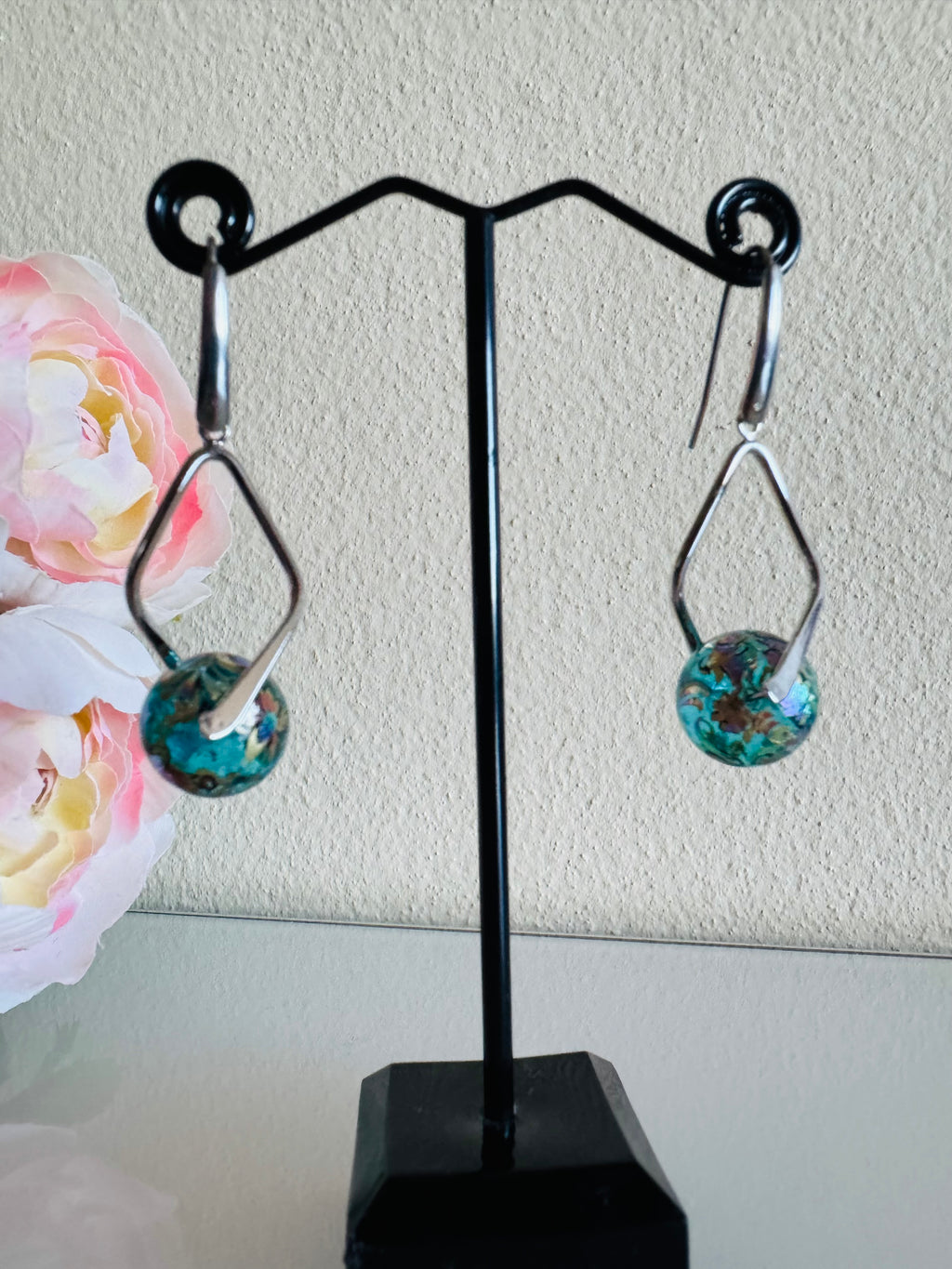 Japanese Tensha Beads Earrings - Aqua Floral Wave | Stainless Steel Hooks
