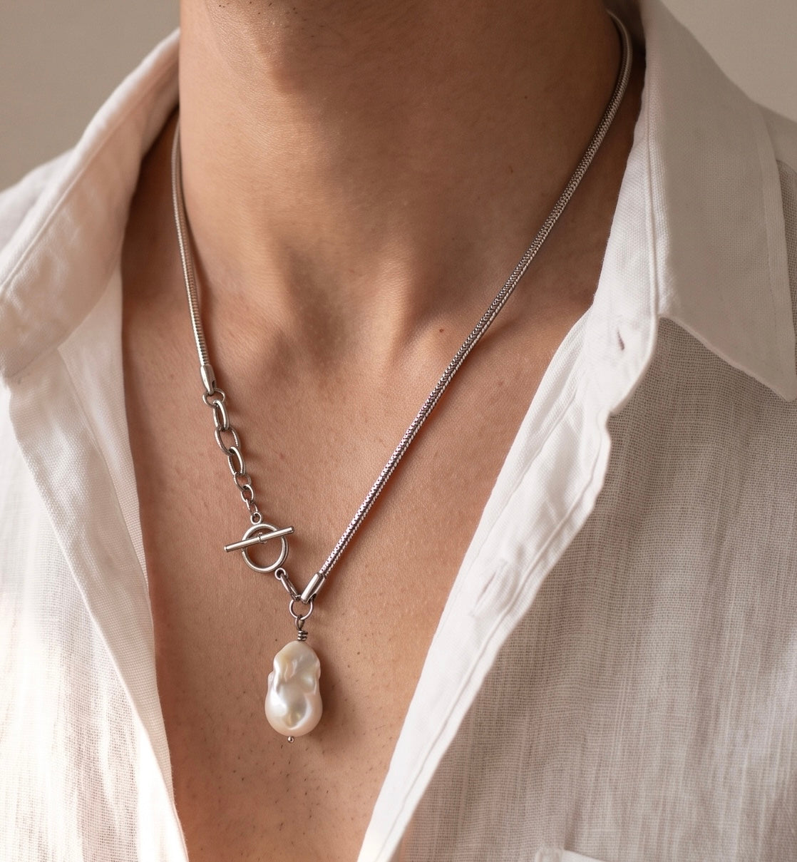 Handmade Baroque Pearl Toggle Necklace, Surgical Stainless Steel Chain, Statement Jewellery