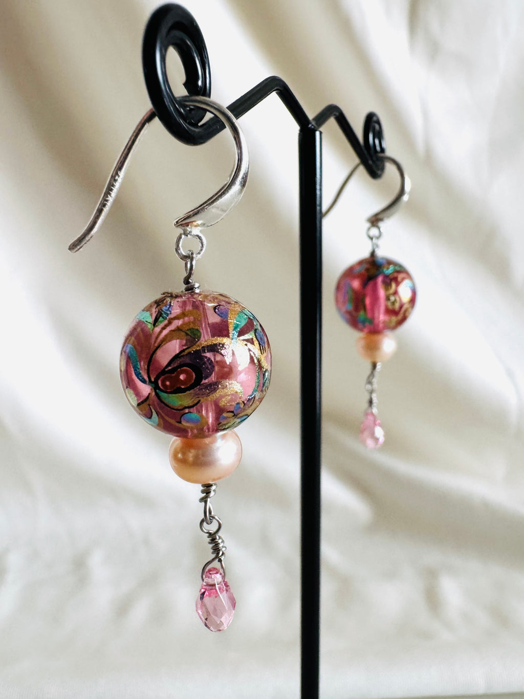 Japanese Tensha Floral Earrings, Pink Pearl Swarovski Crystal Drop, Sterling Silver Hooks