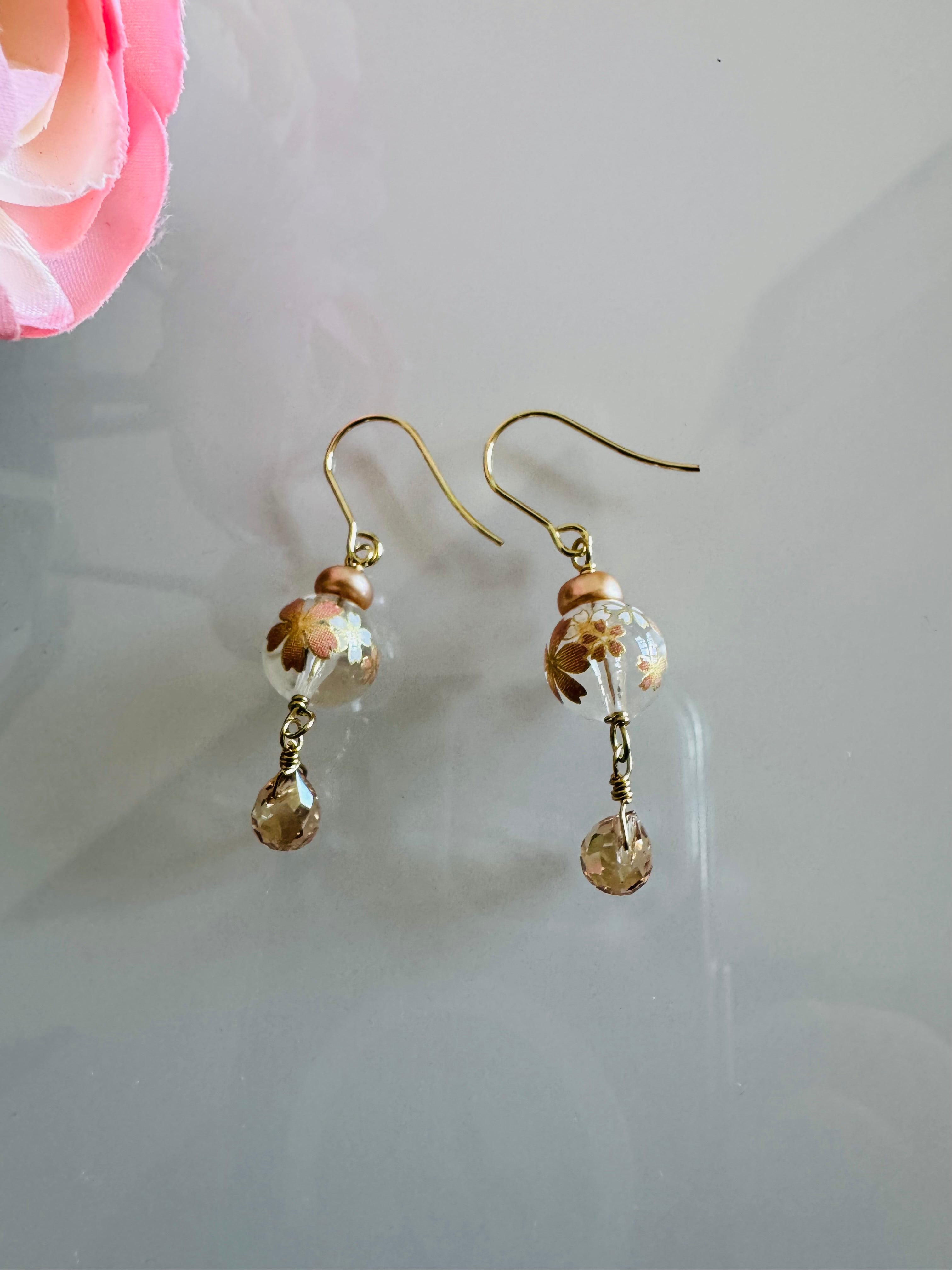 Japanese Tensha Beads and Crystal Earrings with Surgical Gold Stainless Settings