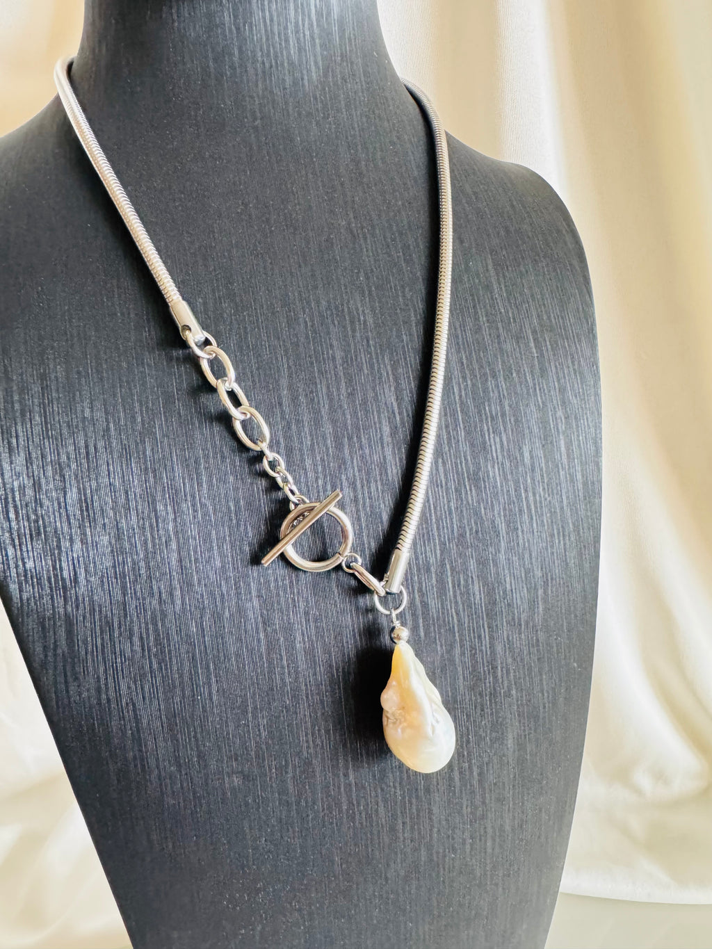 Handmade Baroque Pearl Toggle Necklace, Surgical Stainless Steel Chain, Statement Jewellery