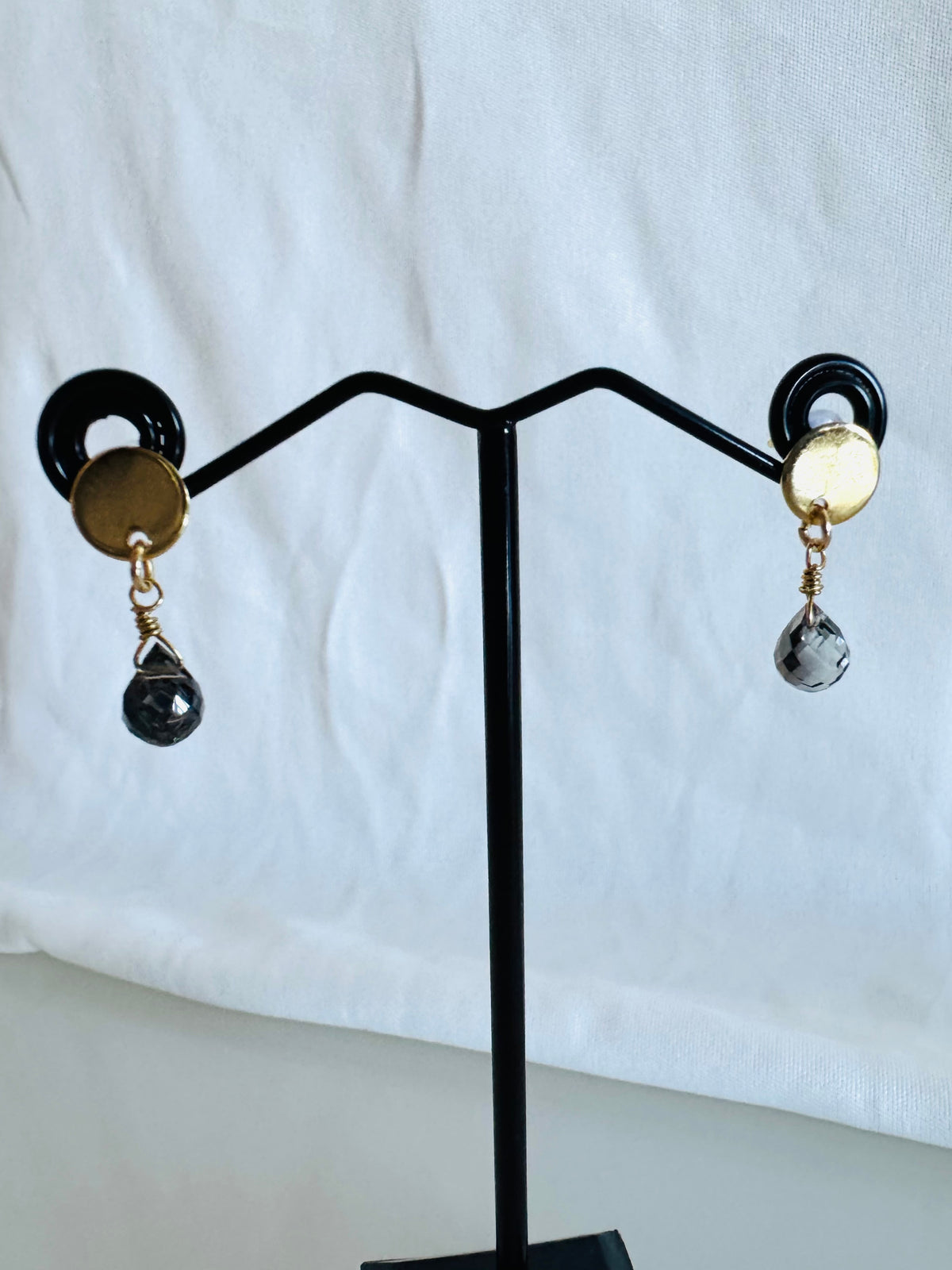 Handmade Dark Grey Crystal Drop Earrings, Surgical Stainless Gold Studs, Lightweight (1.5g)